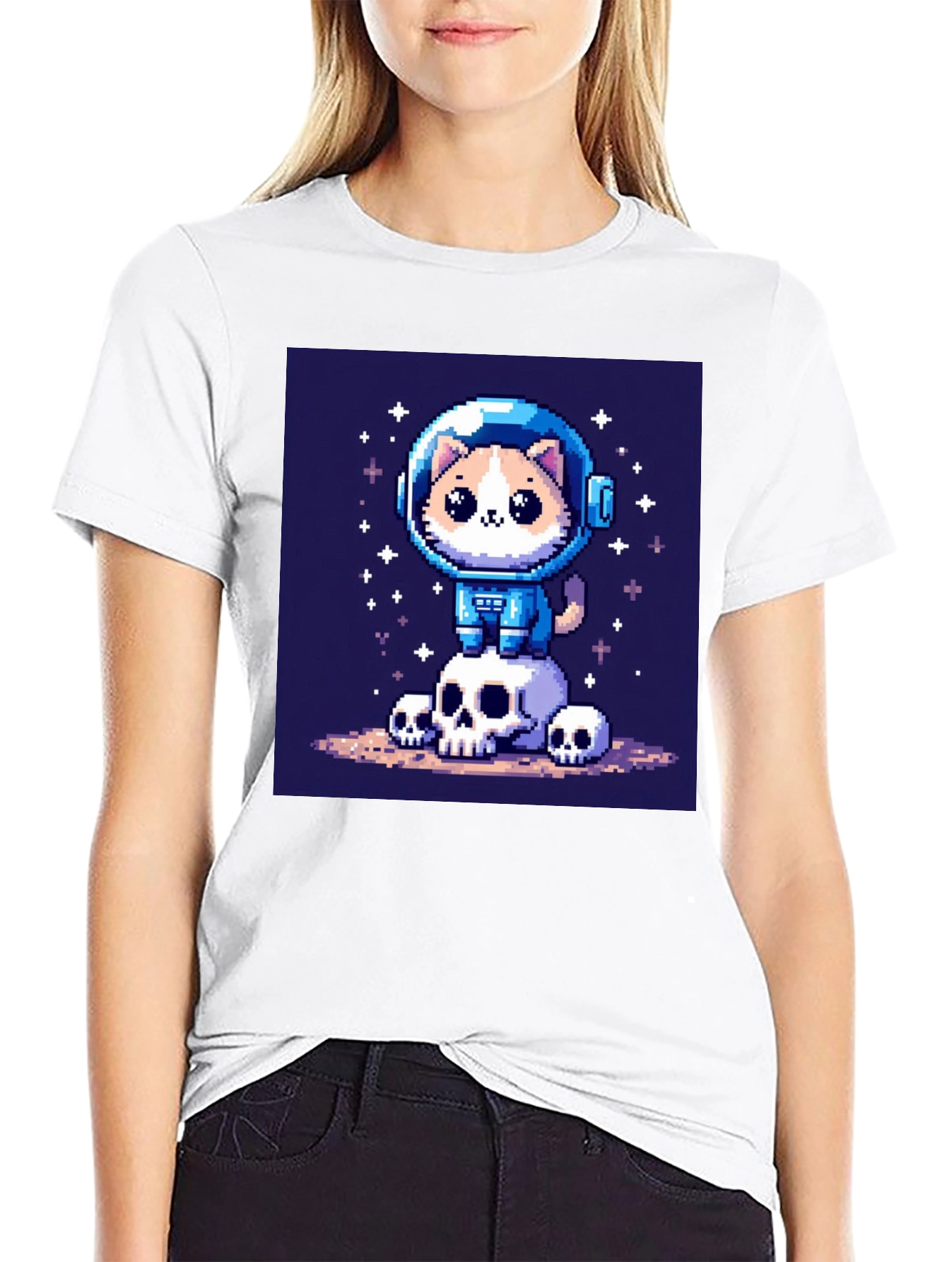 Black Pixel Cat Astronaut T-Shirt - Space Kitty Tee view 9