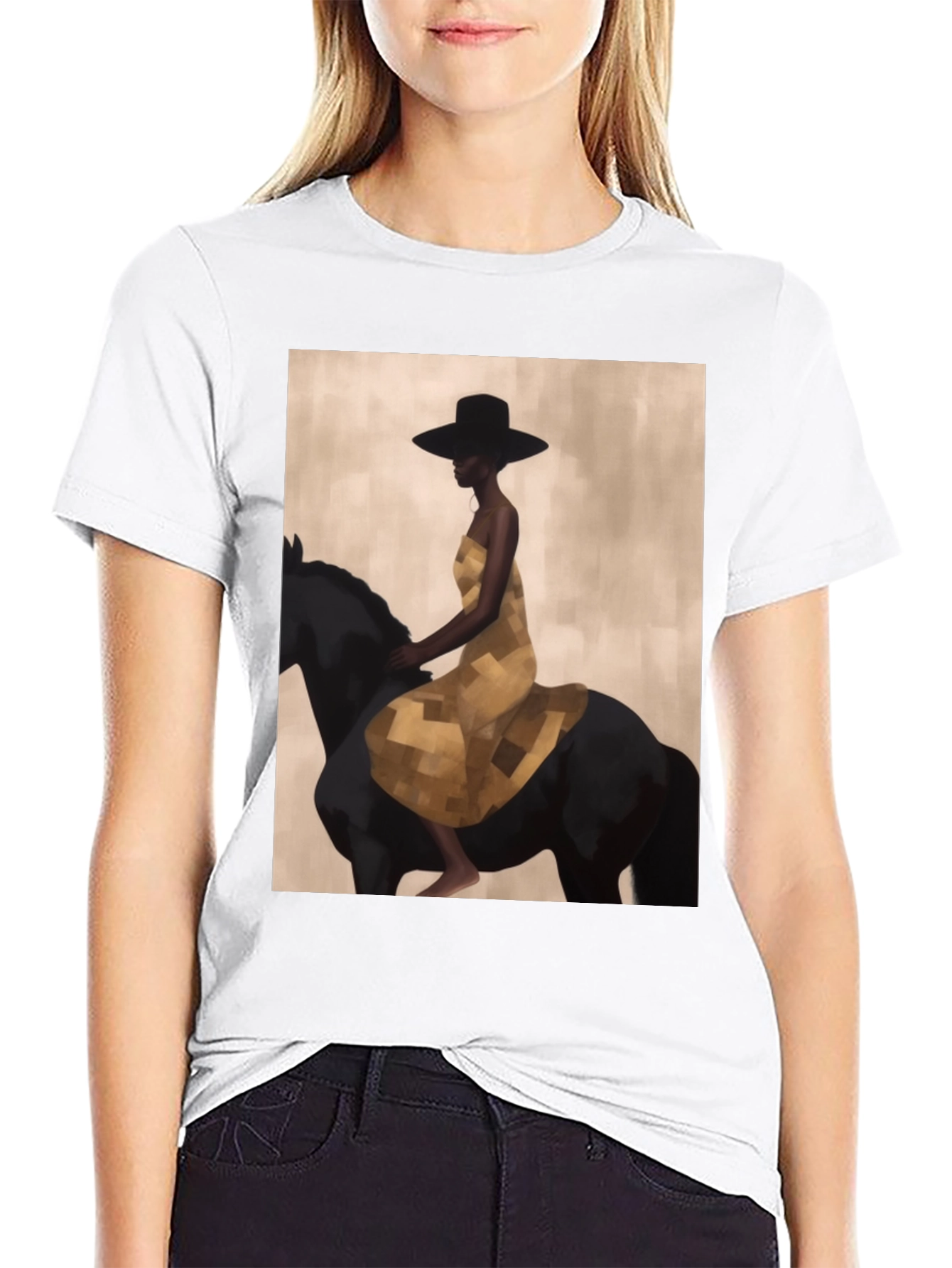 Black Black T-Shirt with Woman Riding Horse Design view 9