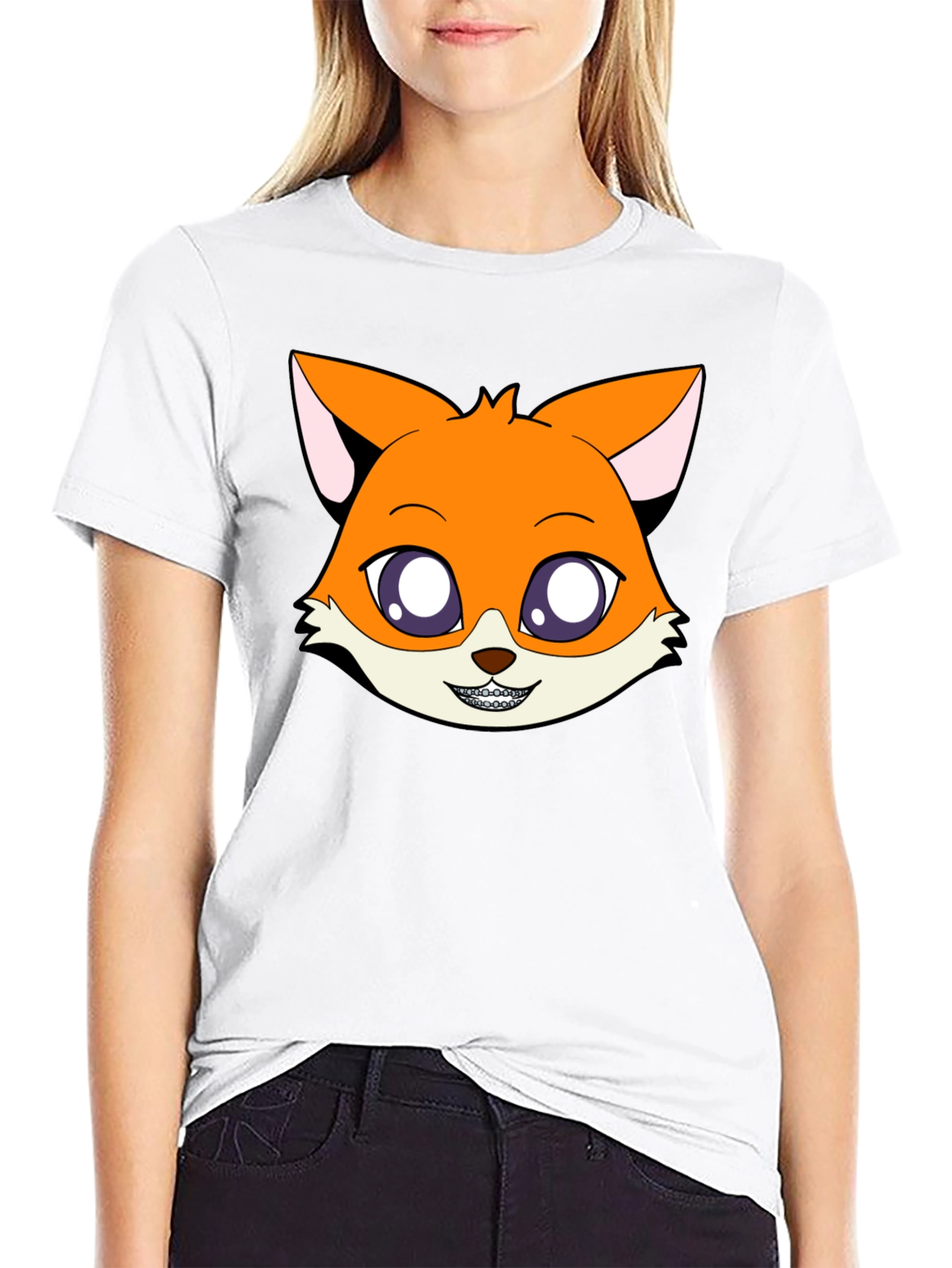 Black Cartoon Fox Graphic Tee - Unisex Black T-Shirt view 9