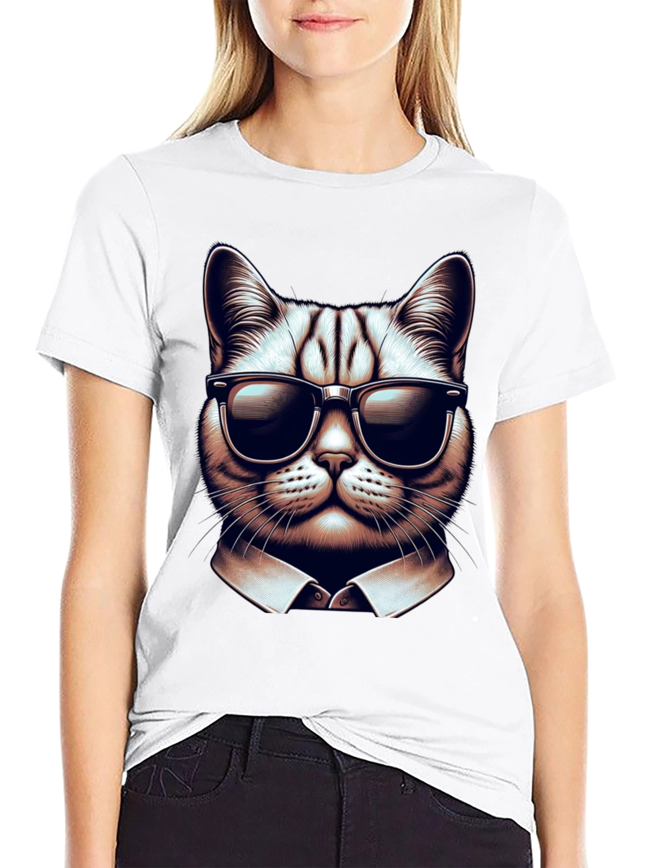 Black Cool Cat in Shades Graphic Tee - Black Cotton T-Shirt view 9