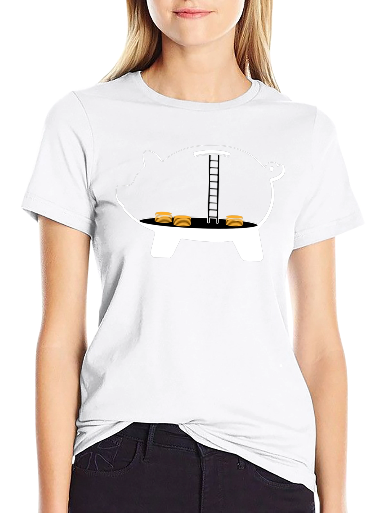 Black Piggy Bank Ladder Funny T-Shirt view 9