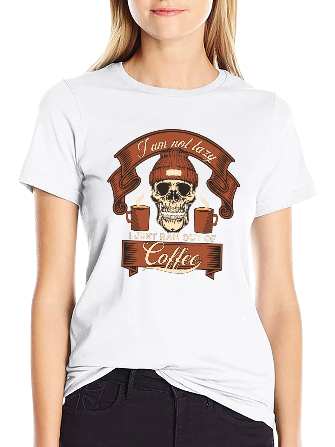 Black Funny Coffee Skull Graphic Tee - I Am Not Lazy T-Shirt view 9