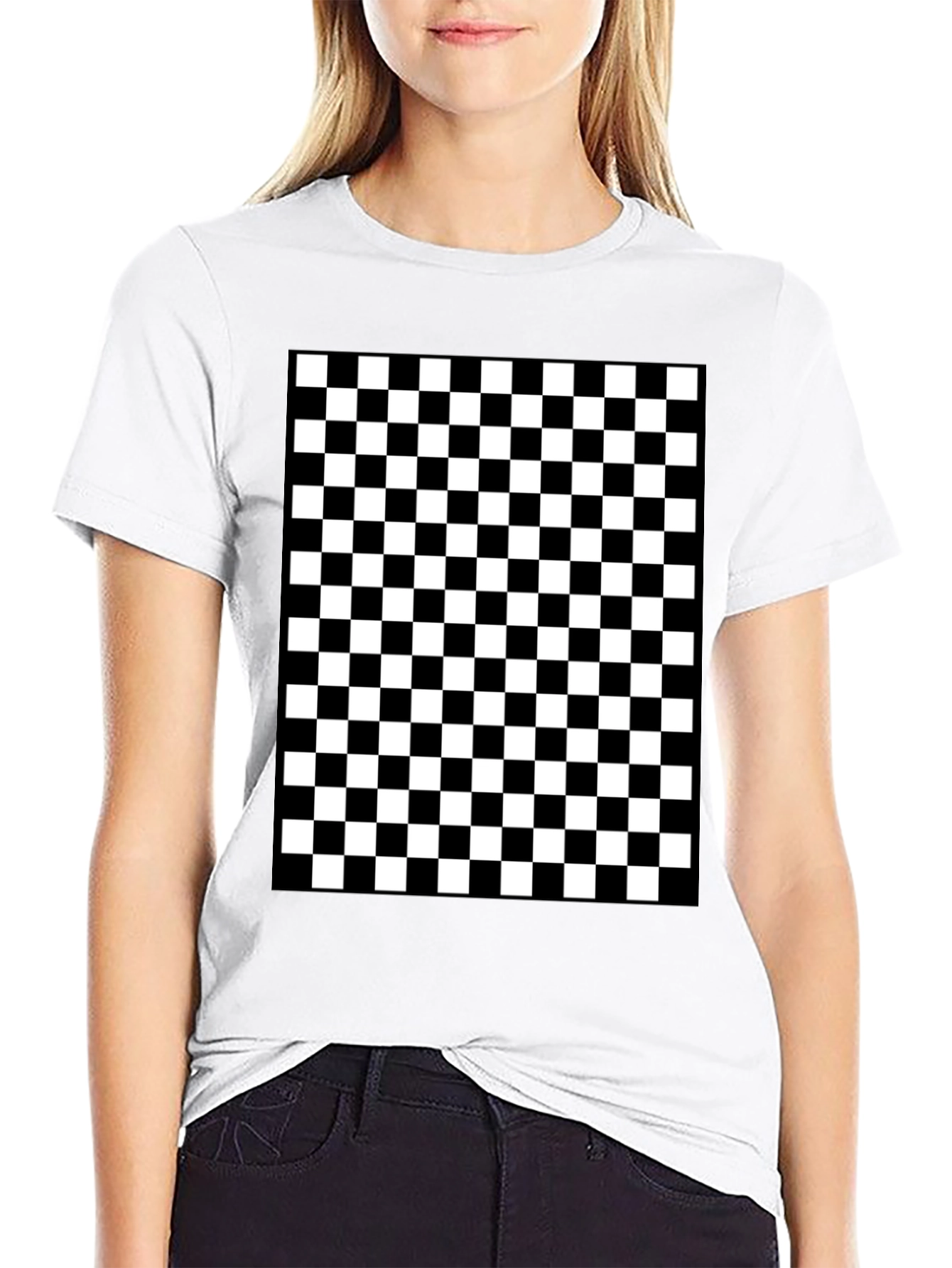Black Checkered Pattern Black T-Shirt view 9