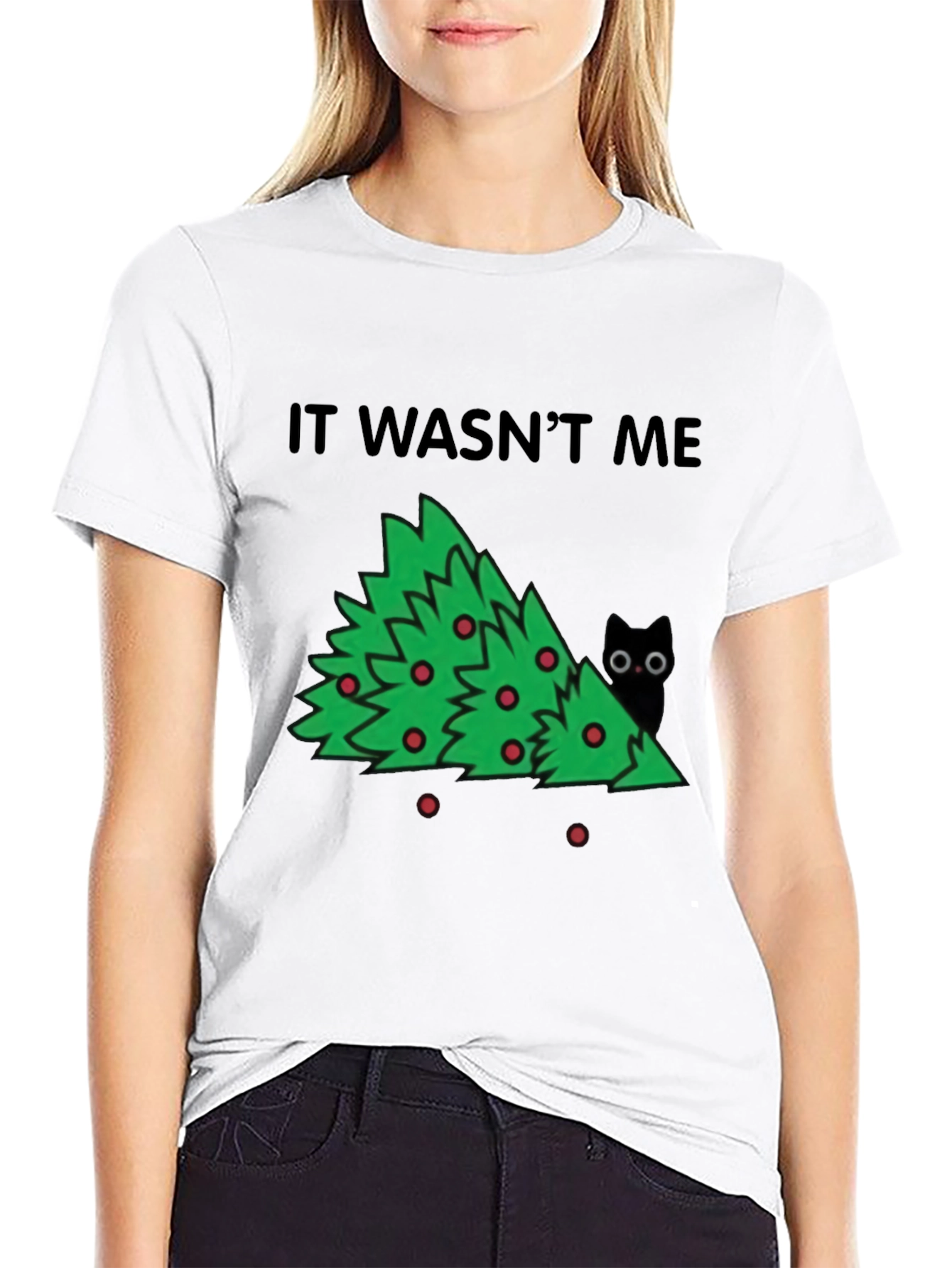 Black It Wasn't Me Christmas Tree Cat T-Shirt view 9