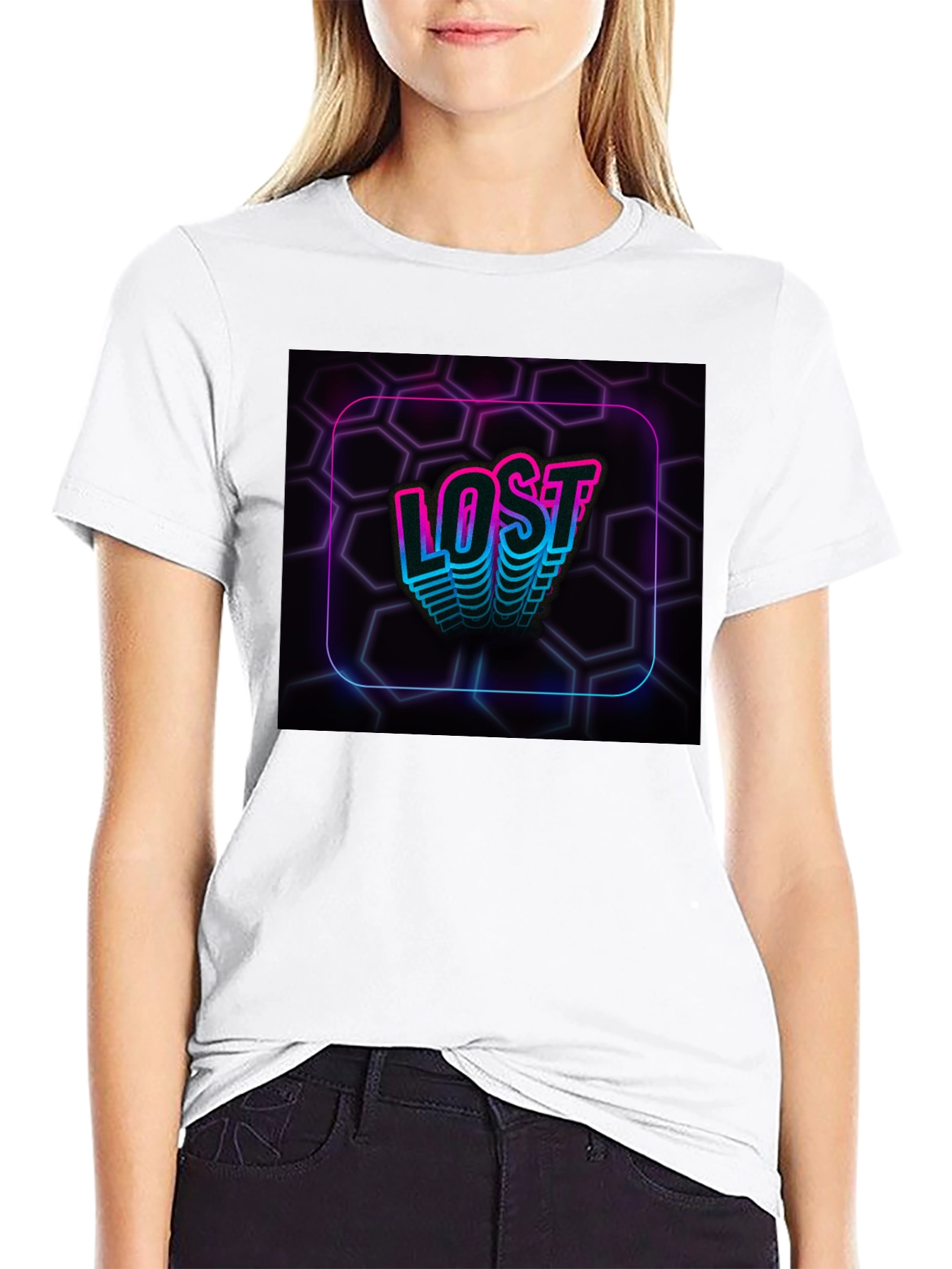 Black Lost Neon Hexagon Graphic Black T-Shirt view 9