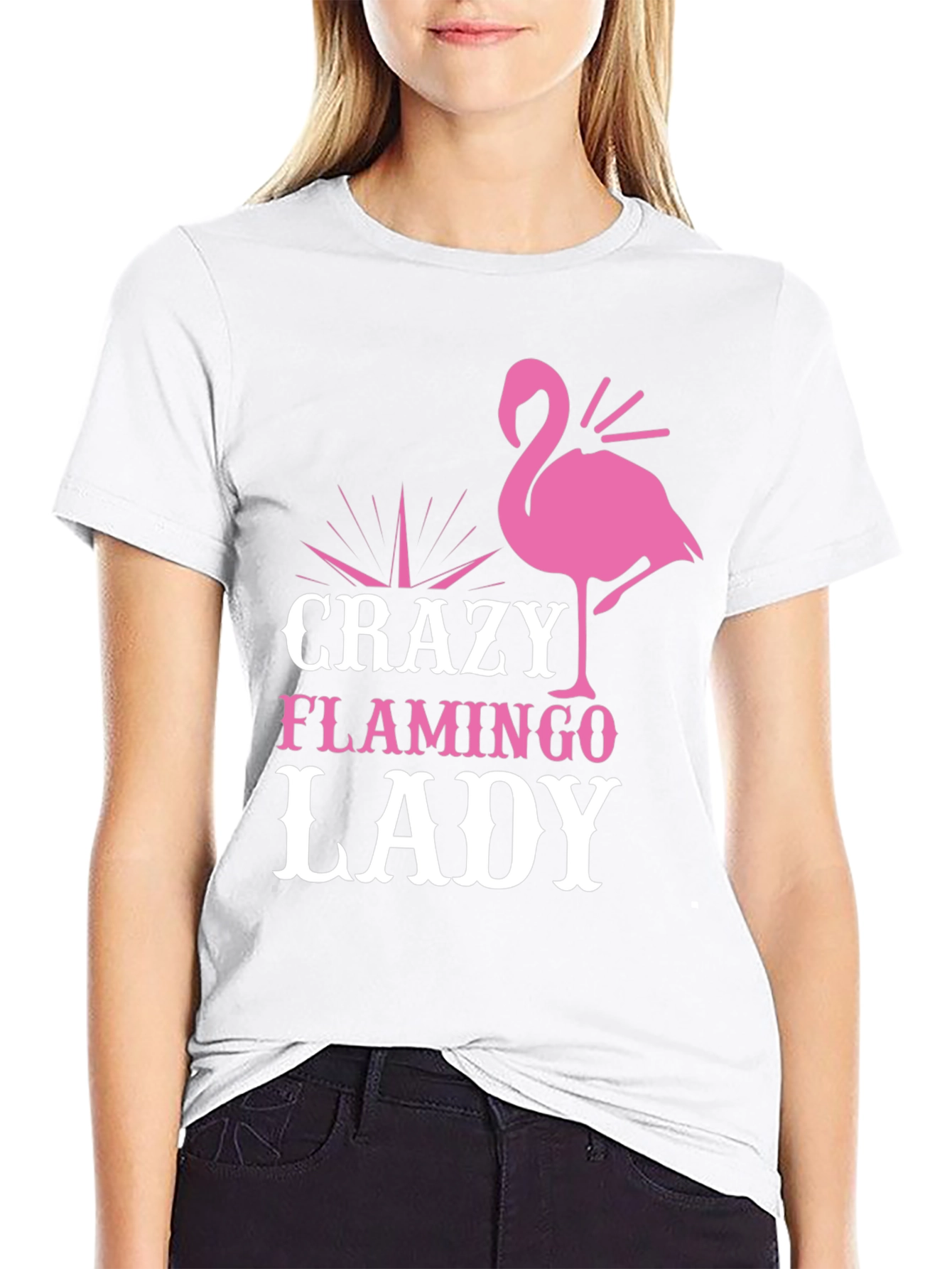 Black Crazy Flamingo Lady Graphic Tee - Black Cotton T-Shirt view 9