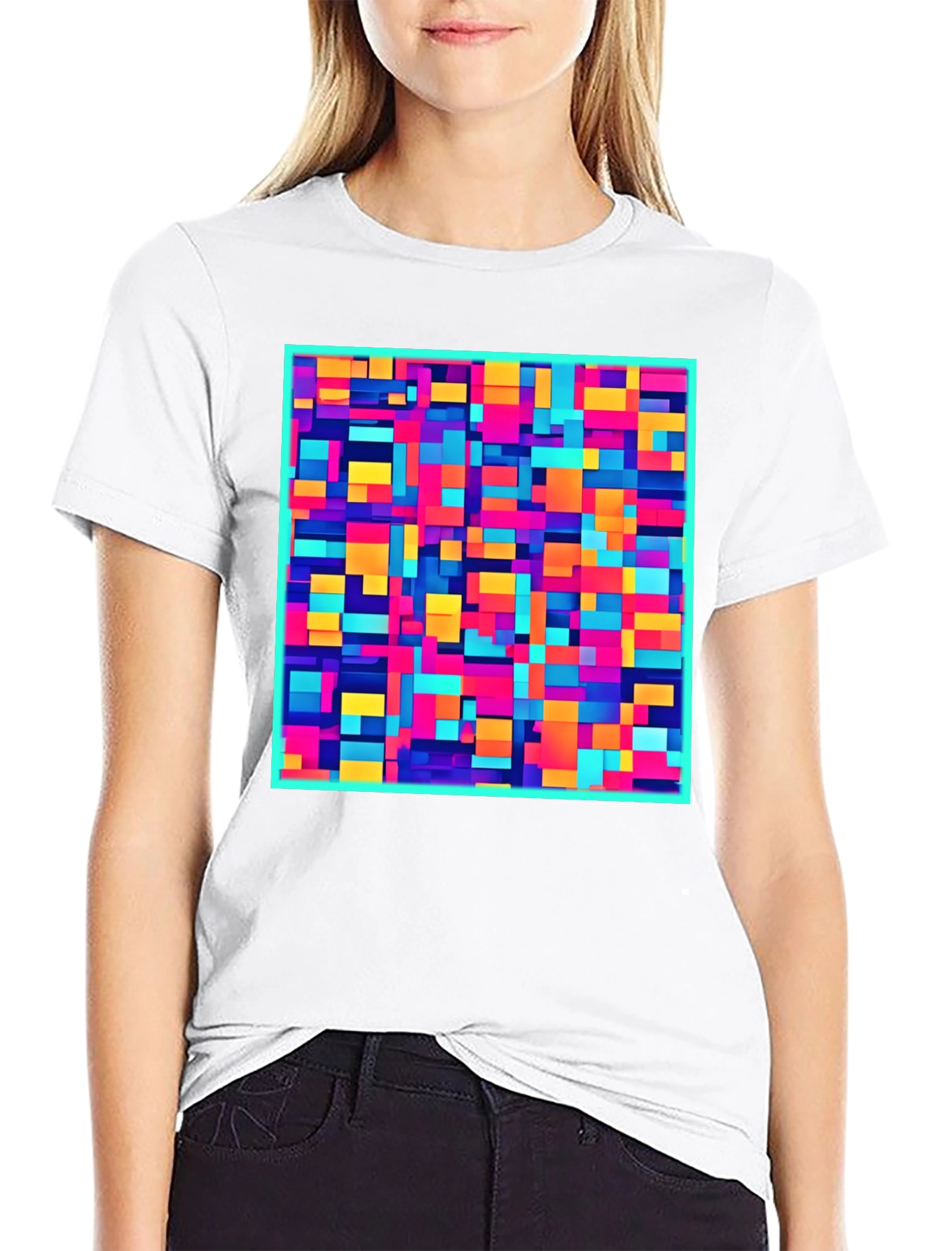 Black Colorful Block Pattern Graphic Tee - Modern Style view 9