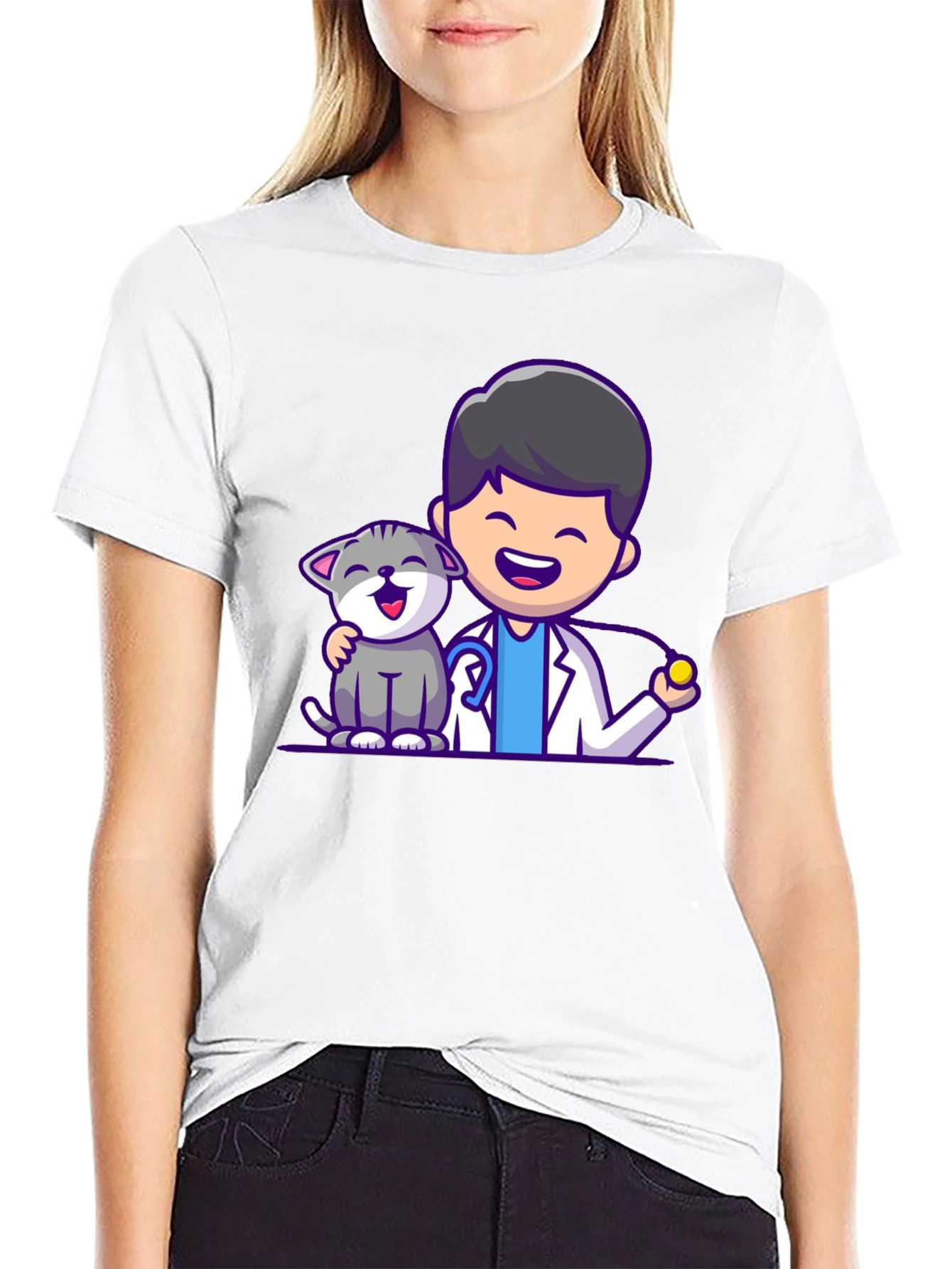 Black Vet & Cat Cartoon T-Shirt - Black view 9