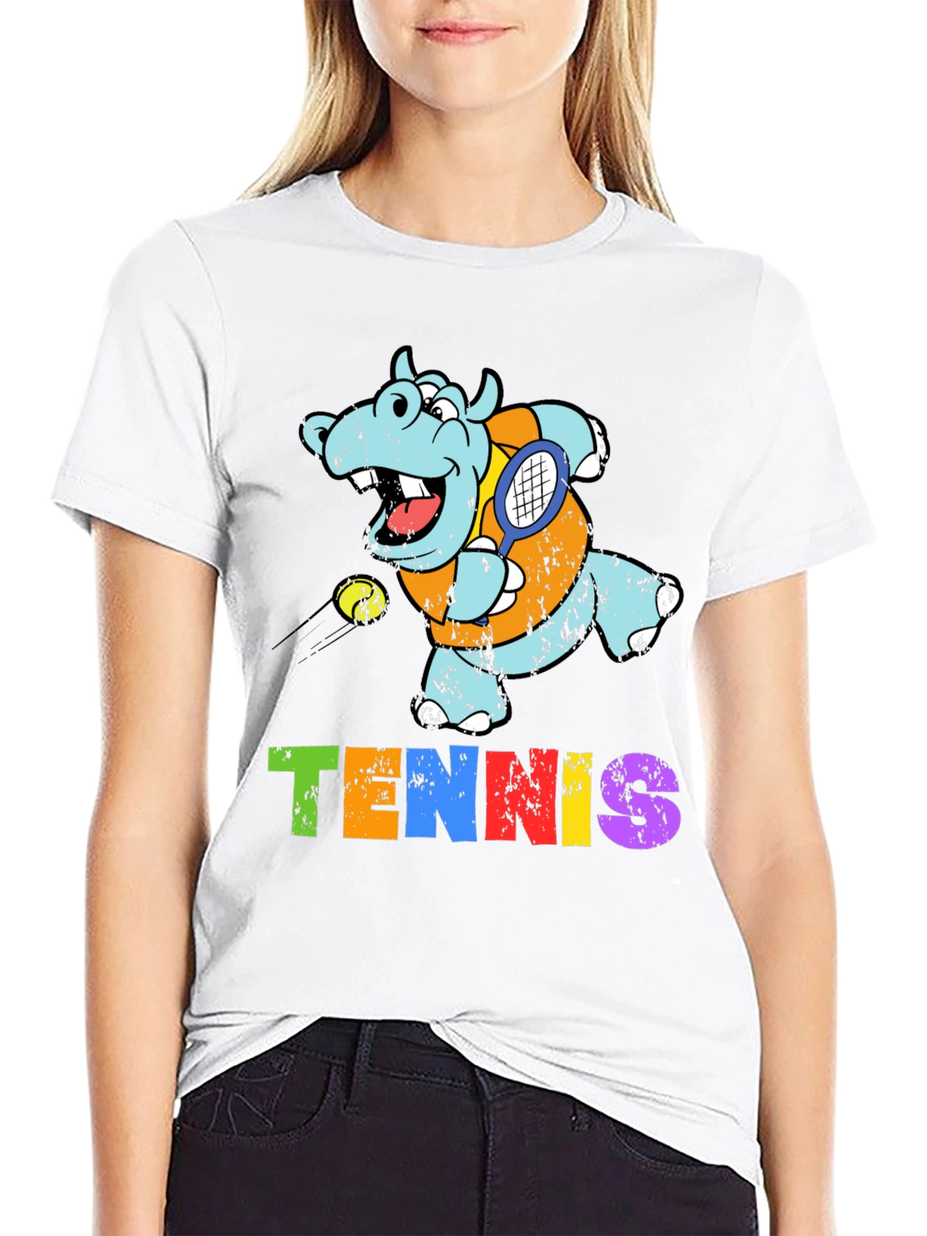 Black Cartoon Hippo Tennis Player Graphic T-Shirt view 9