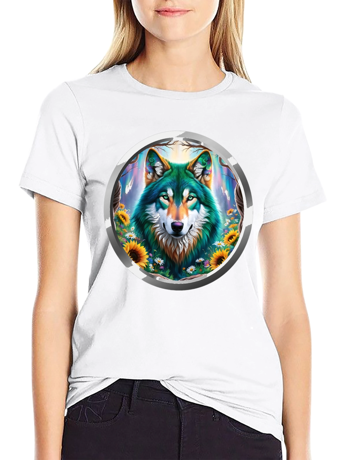 Black Wolf Circle Graphic Tee - Nature Inspired Design view 9