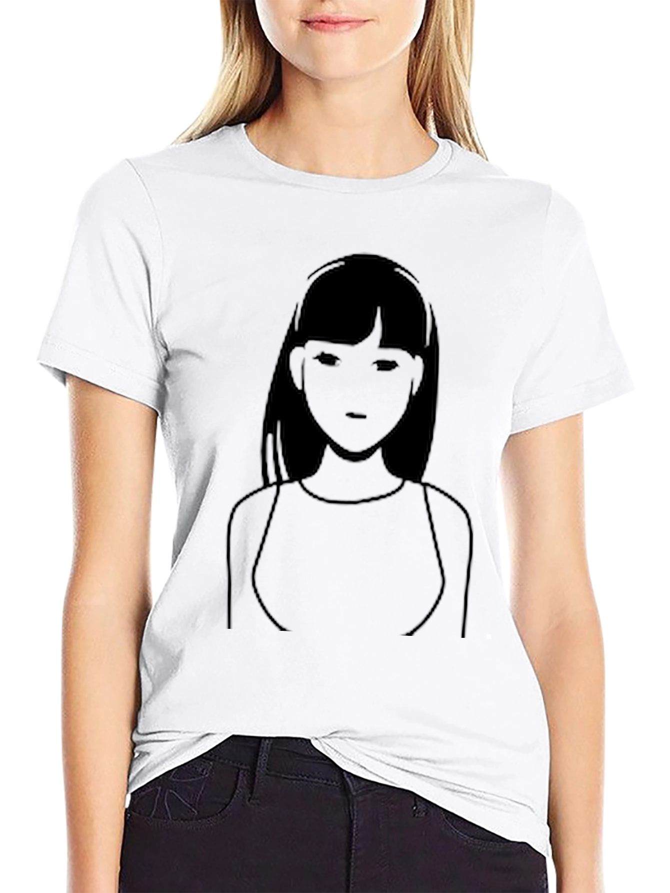Minimalist Anime Girl Graphic Tee - Black Cotton Casual - 9