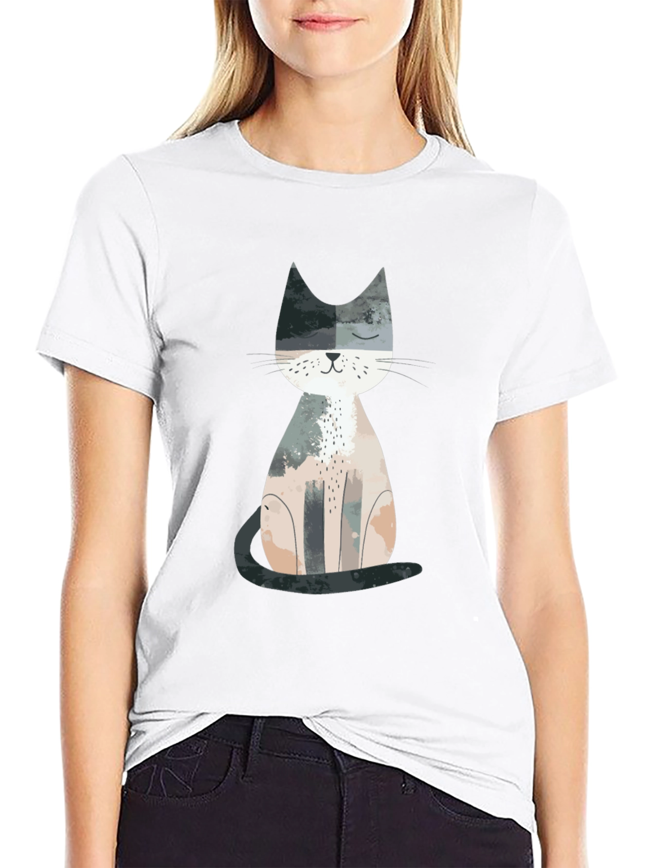 Black Cute Cat Graphic Print Crew Neck T-Shirt view 9
