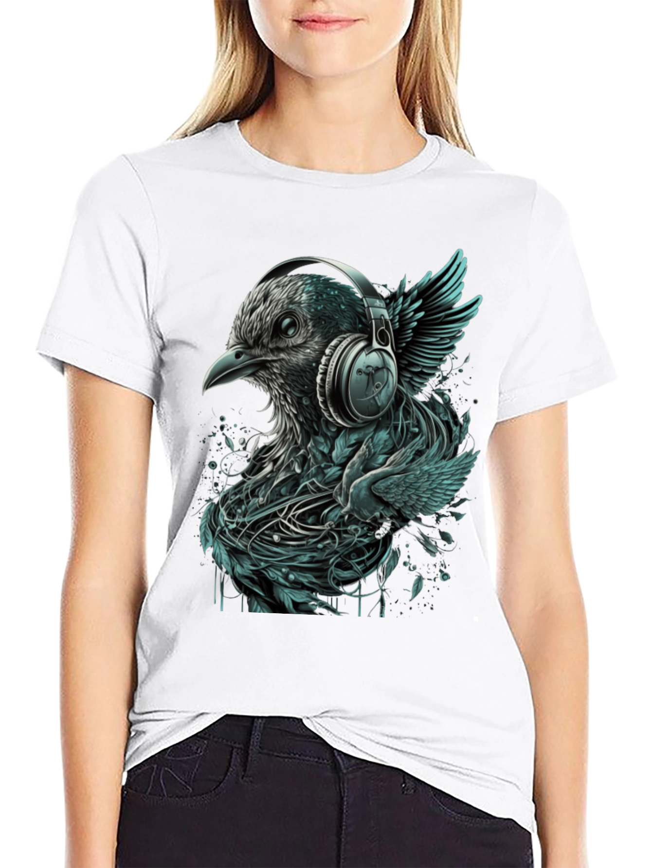 Black Bird with Headphones Graphic Tee view 9