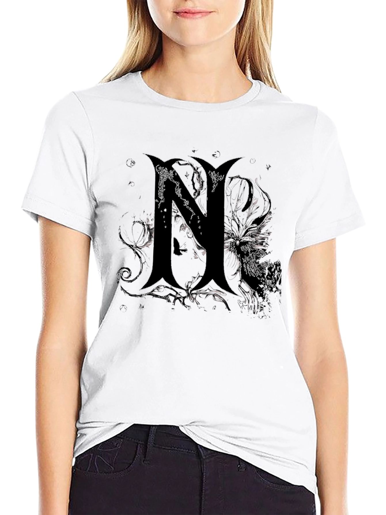 Black Edgy Gothic "N" Graphic Print Black T-Shirt view 9