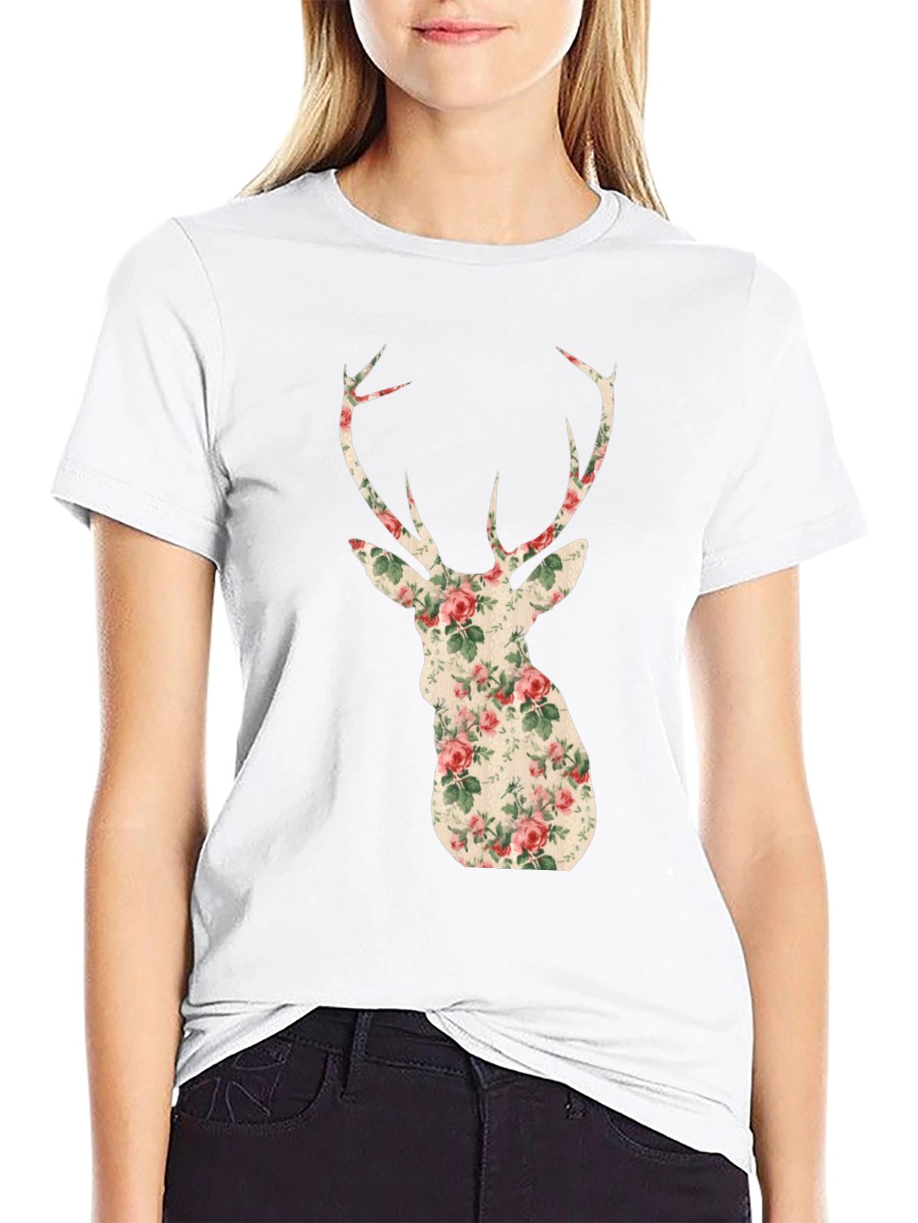 Black Floral Deer Head Graphic Tee - Trendy Animal Print view 9
