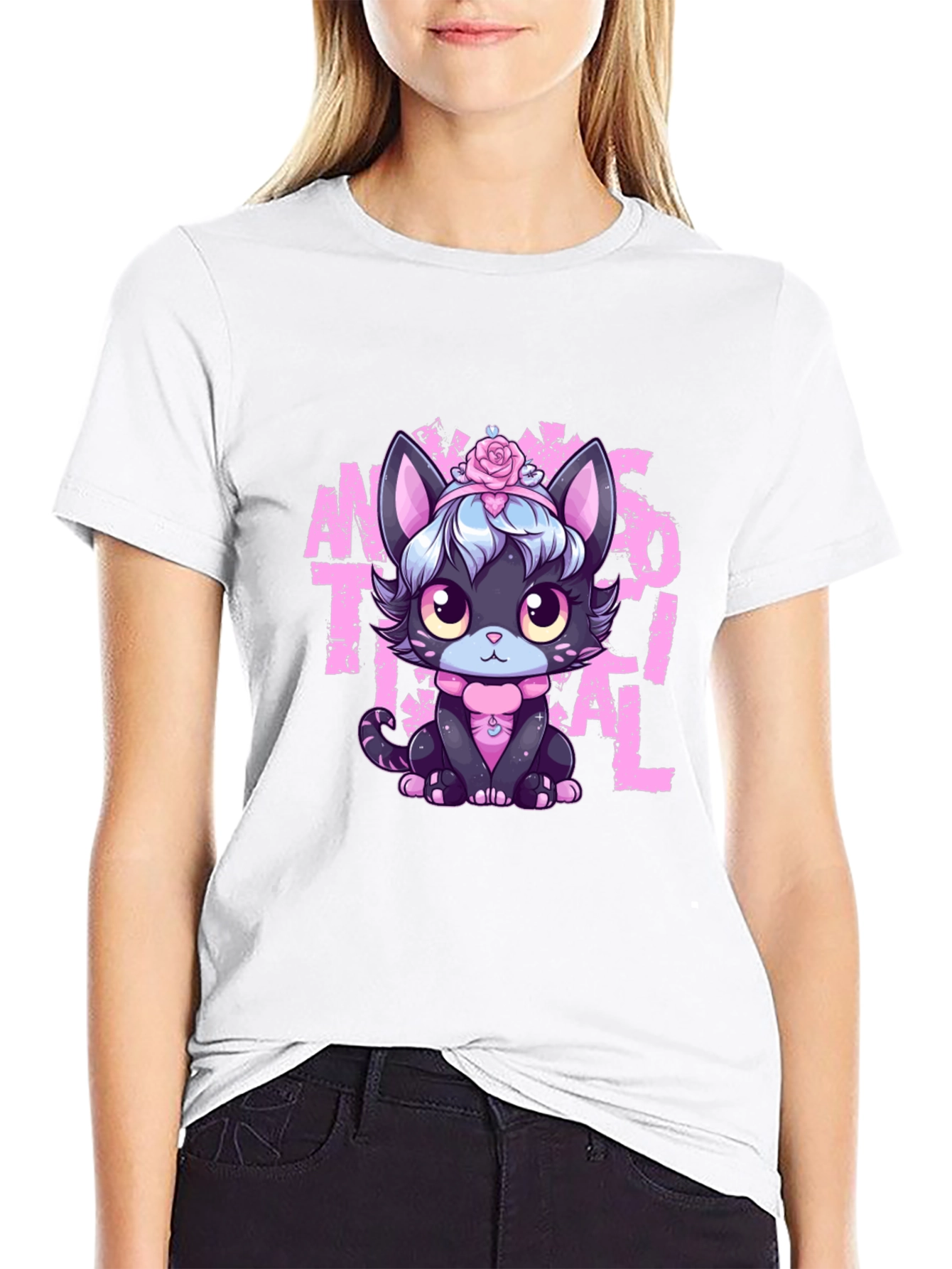 Black Anime Aesthetic Cat T-Shirt view 9
