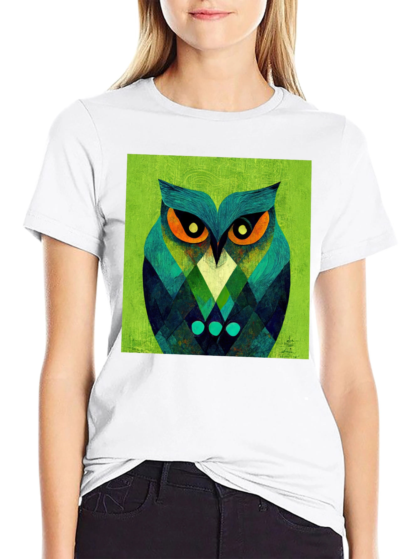 Black Geometric Owl Graphic Tee - Black Cotton Blend view 9