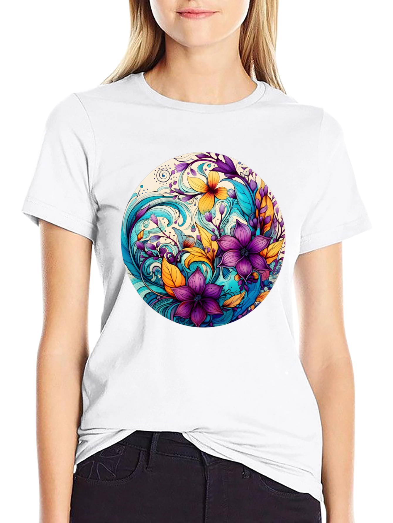 Black Floral Swirl Graphic Black T-Shirt view 9