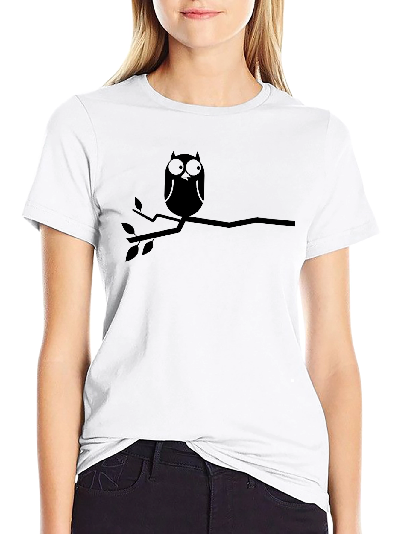 Black Owl on Branch Graphic Tee - Black Cotton Casual Shirt view 9