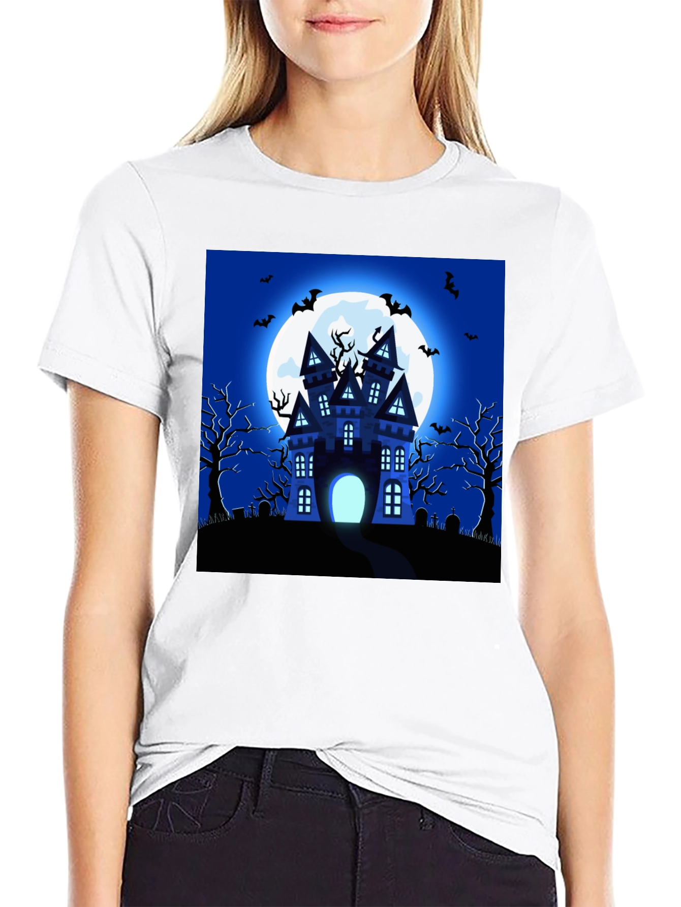 Black Halloween Haunted House Graphic T-Shirt view 9