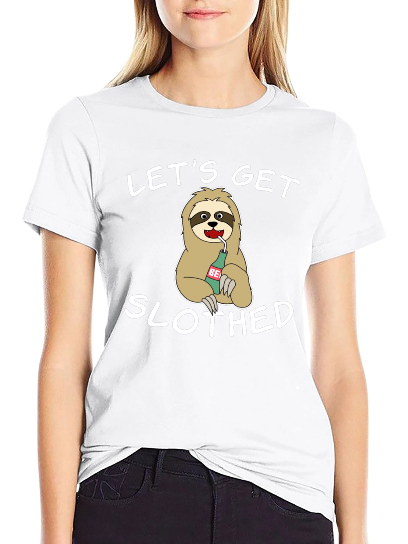 Black Let's Get Slothed Graphic Tee - Novelty Sloth Beer T-Shirt view 9