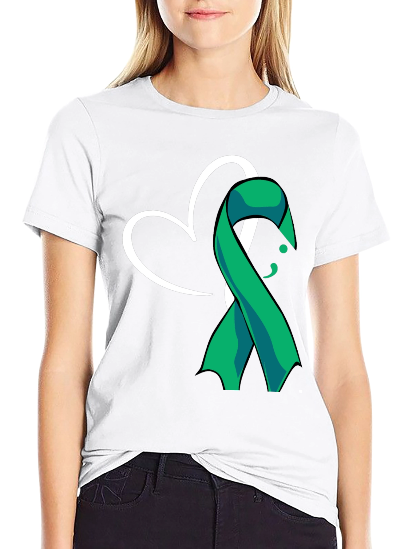 Black Semicolon Heart Ribbon Mental Health T-Shirt view 9