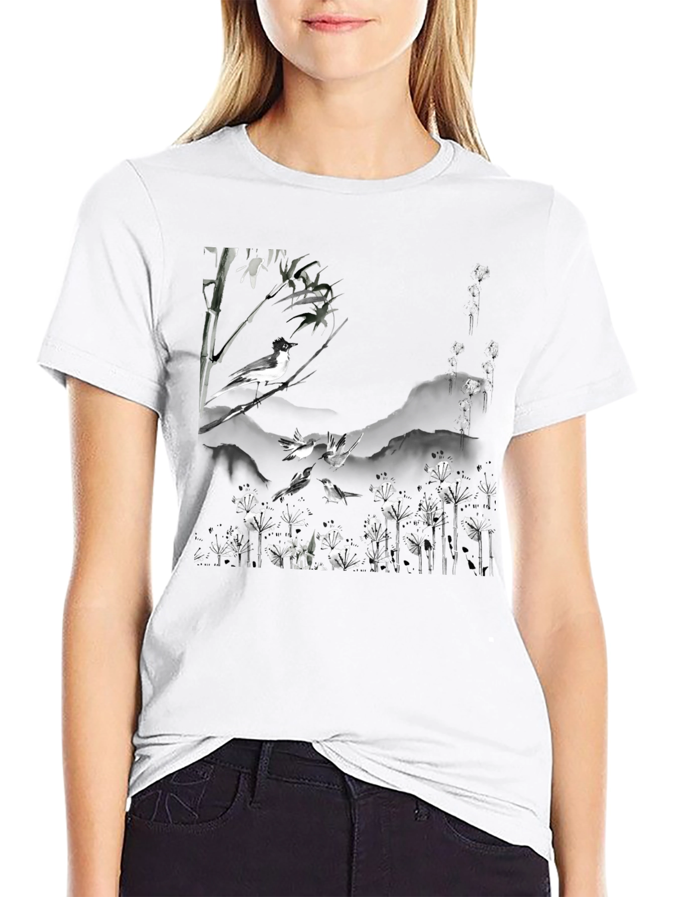Black Bird & Bamboo Graphic Tee - Stylish Black T-Shirt view 9