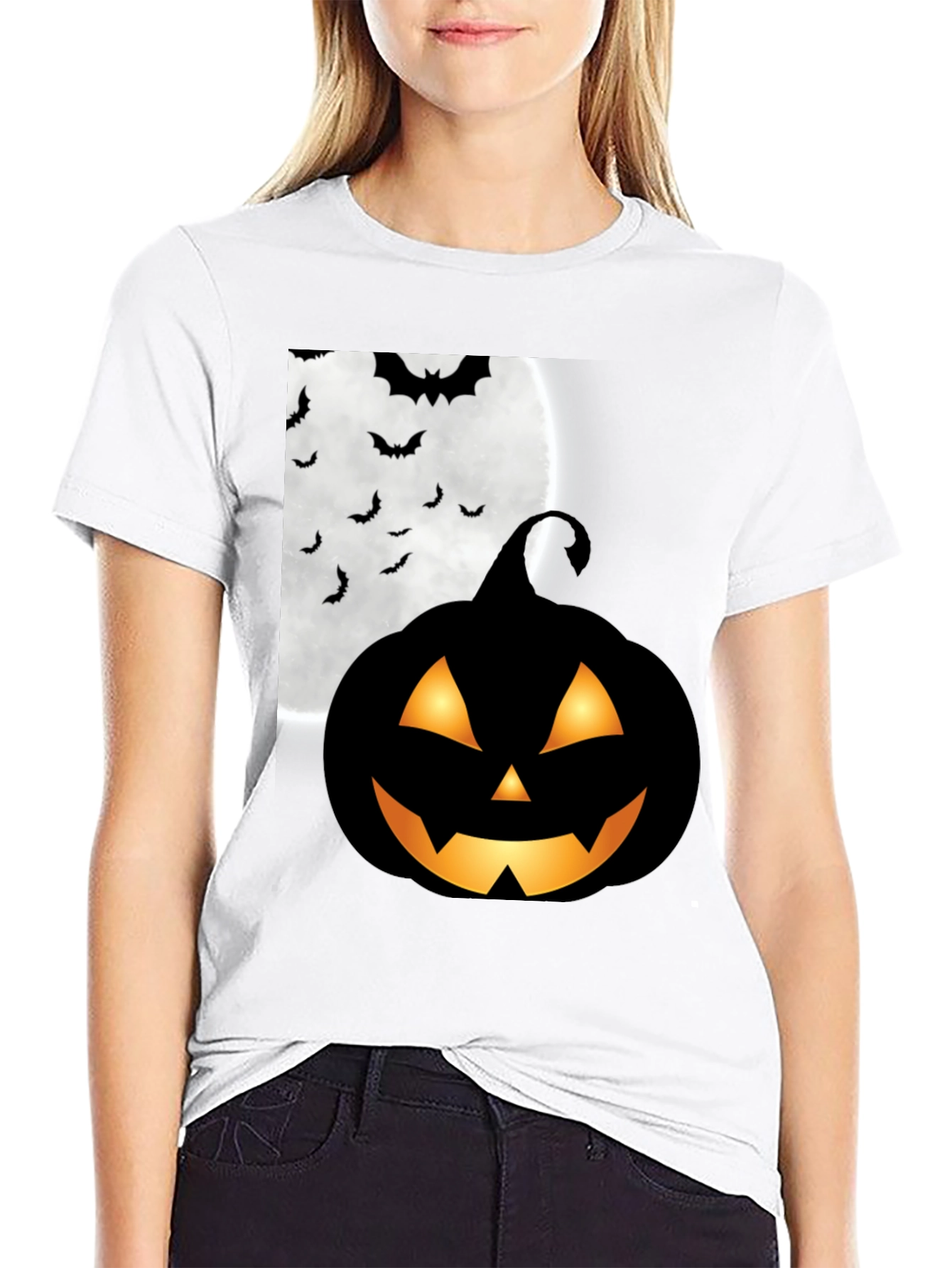 Black Halloween Pumpkin Bat Moon Graphic T-Shirt view 9