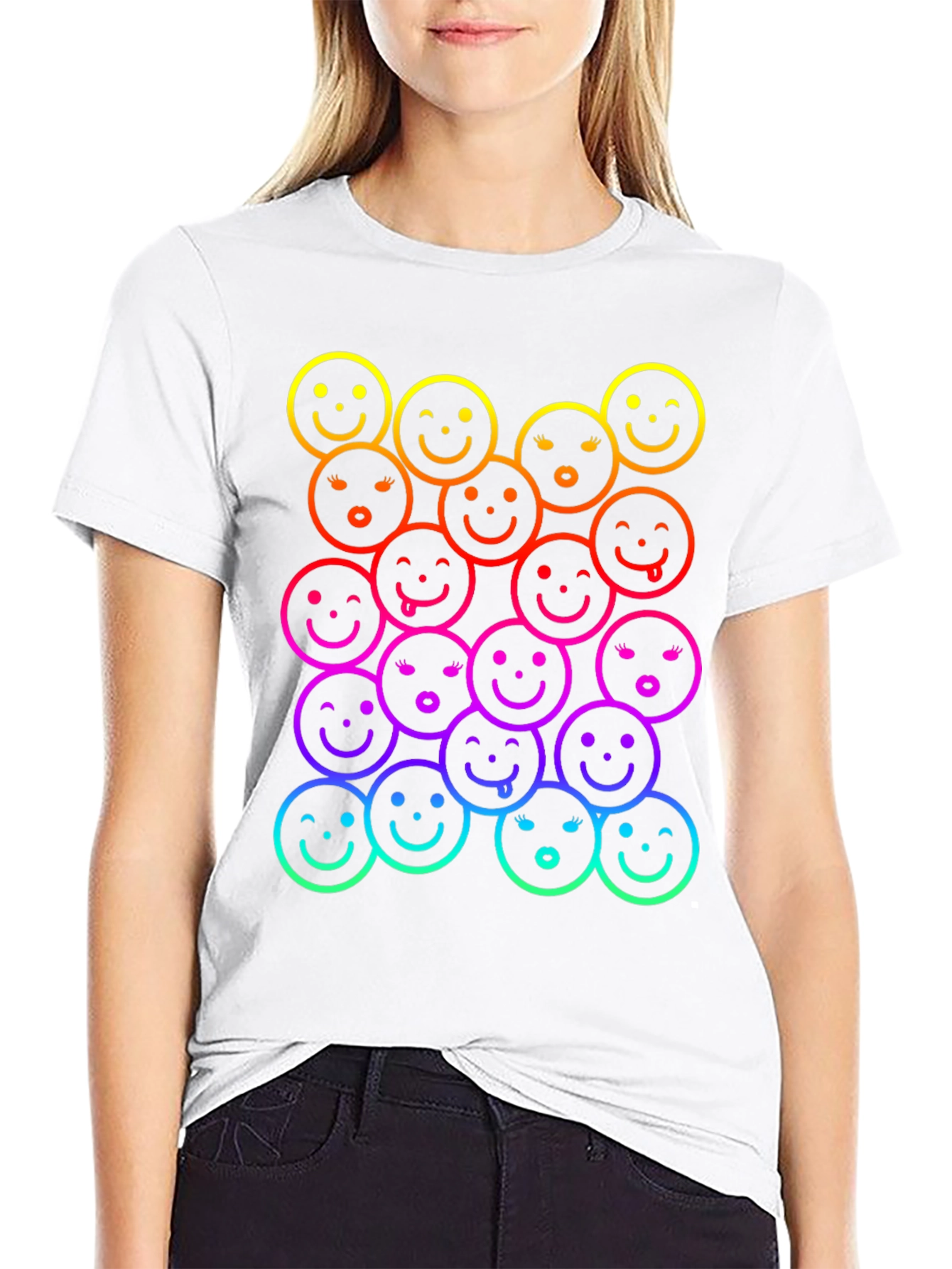 Black Rainbow Smiley Face Graphic Print T-Shirt view 9