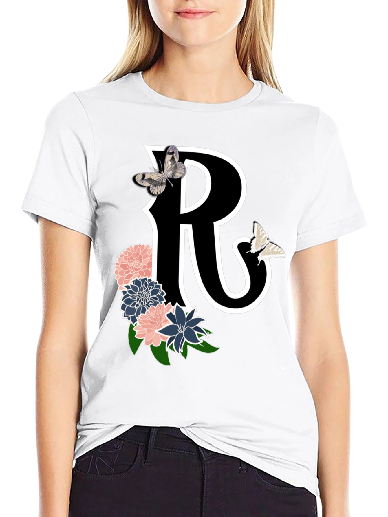 Black Letter R Floral Butterfly Black T-Shirt view 9