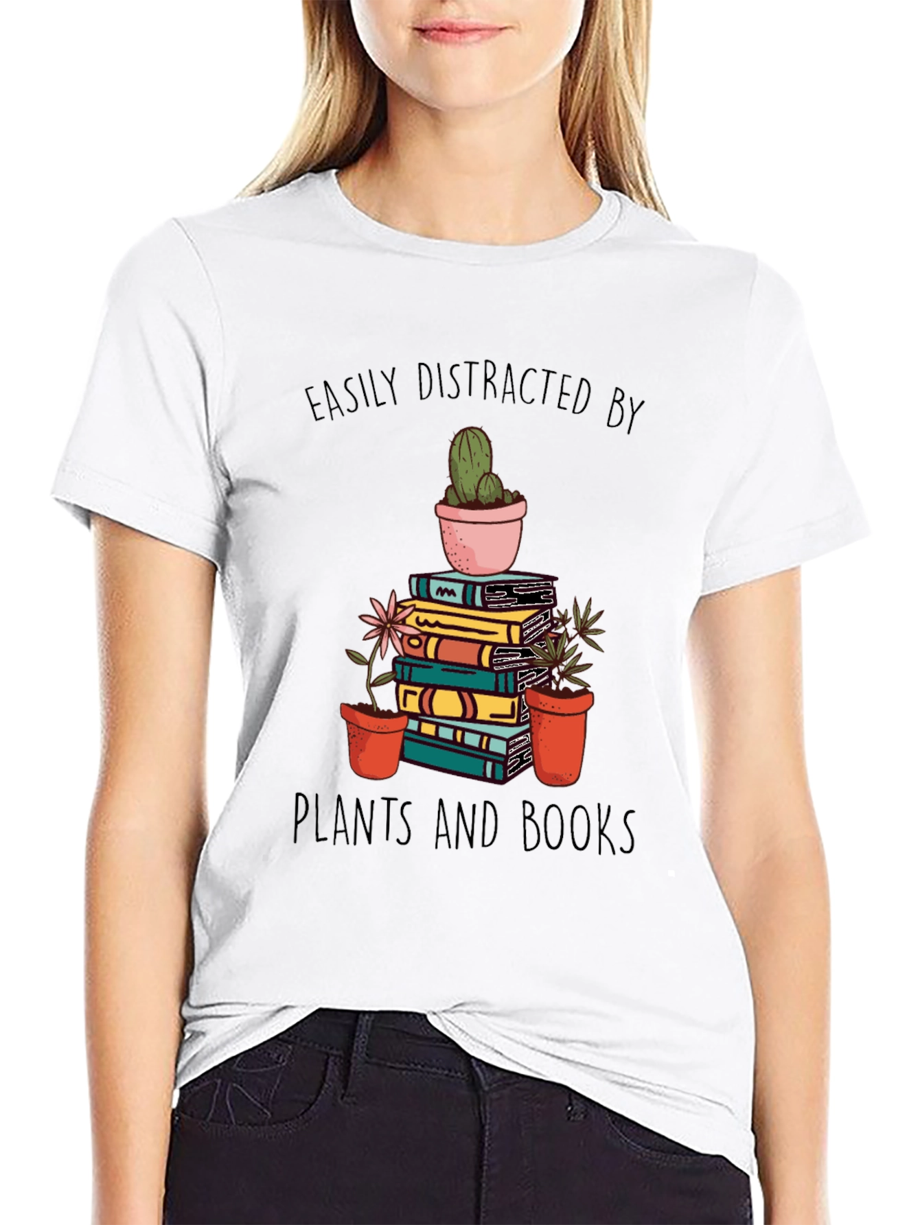 Black Easily Distracted by Plants and Books T-Shirt view 9