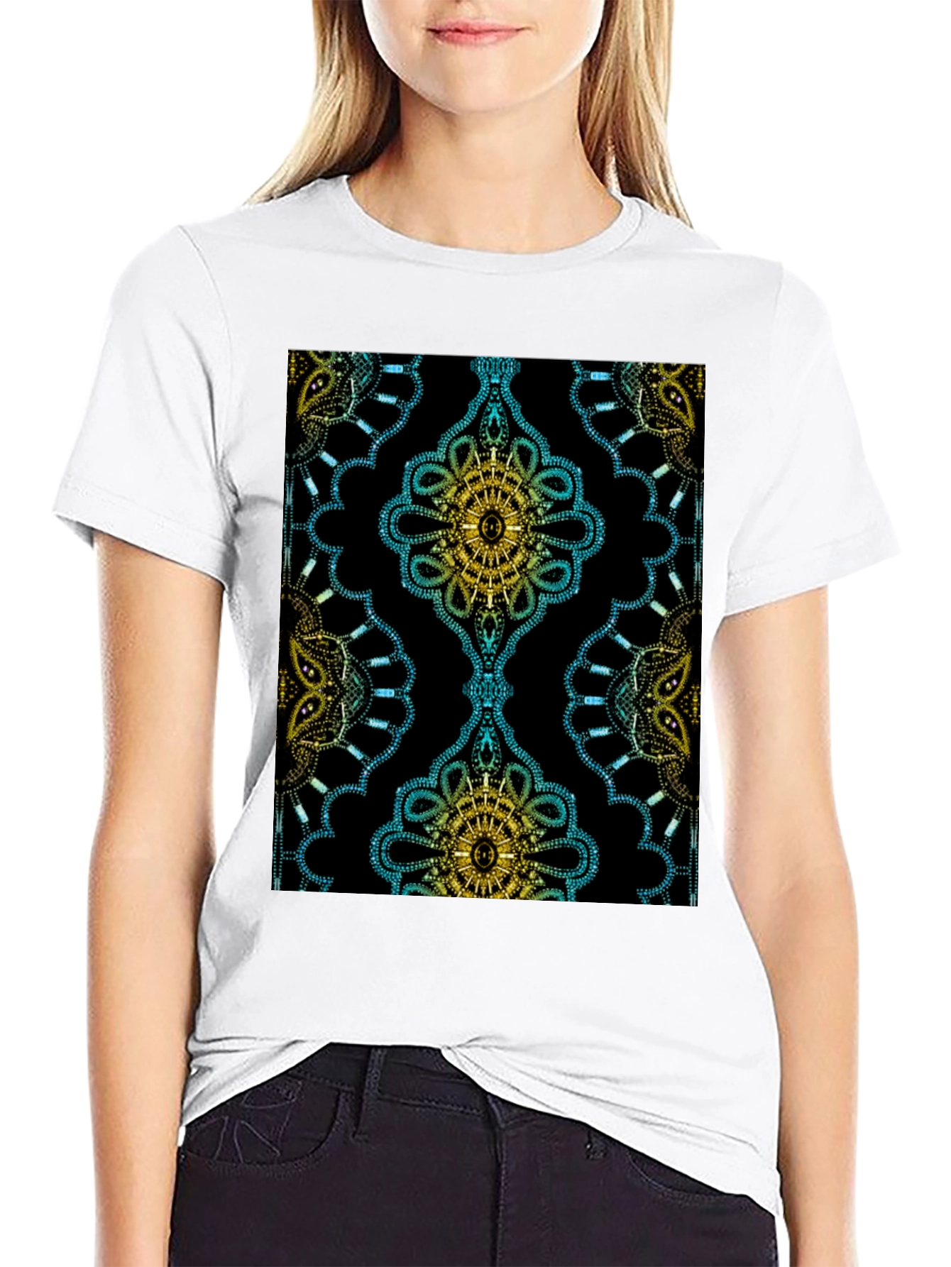 Black Patterned Black Crew Neck T-Shirt view 9