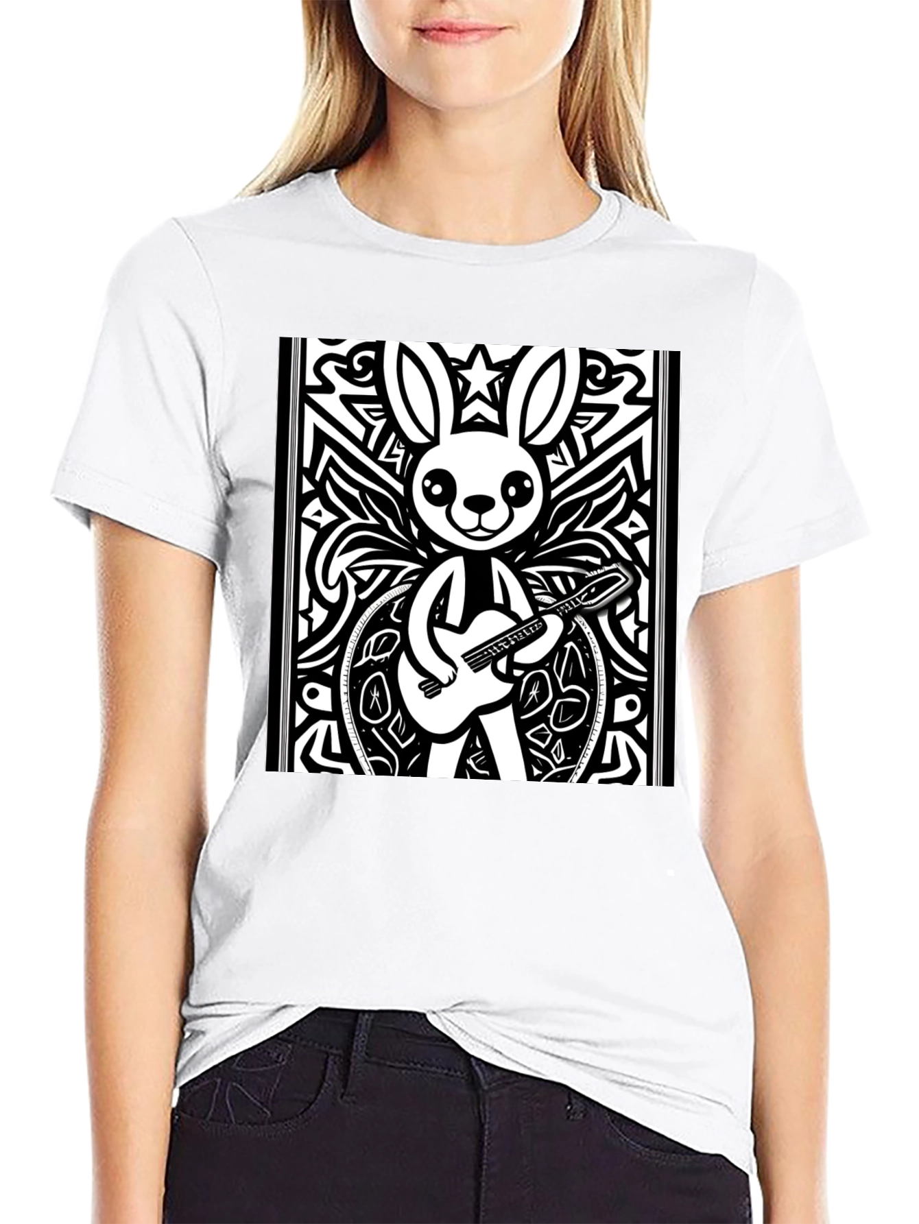 Black Cartoon Rabbit Guitarist Black T-Shirt view 9