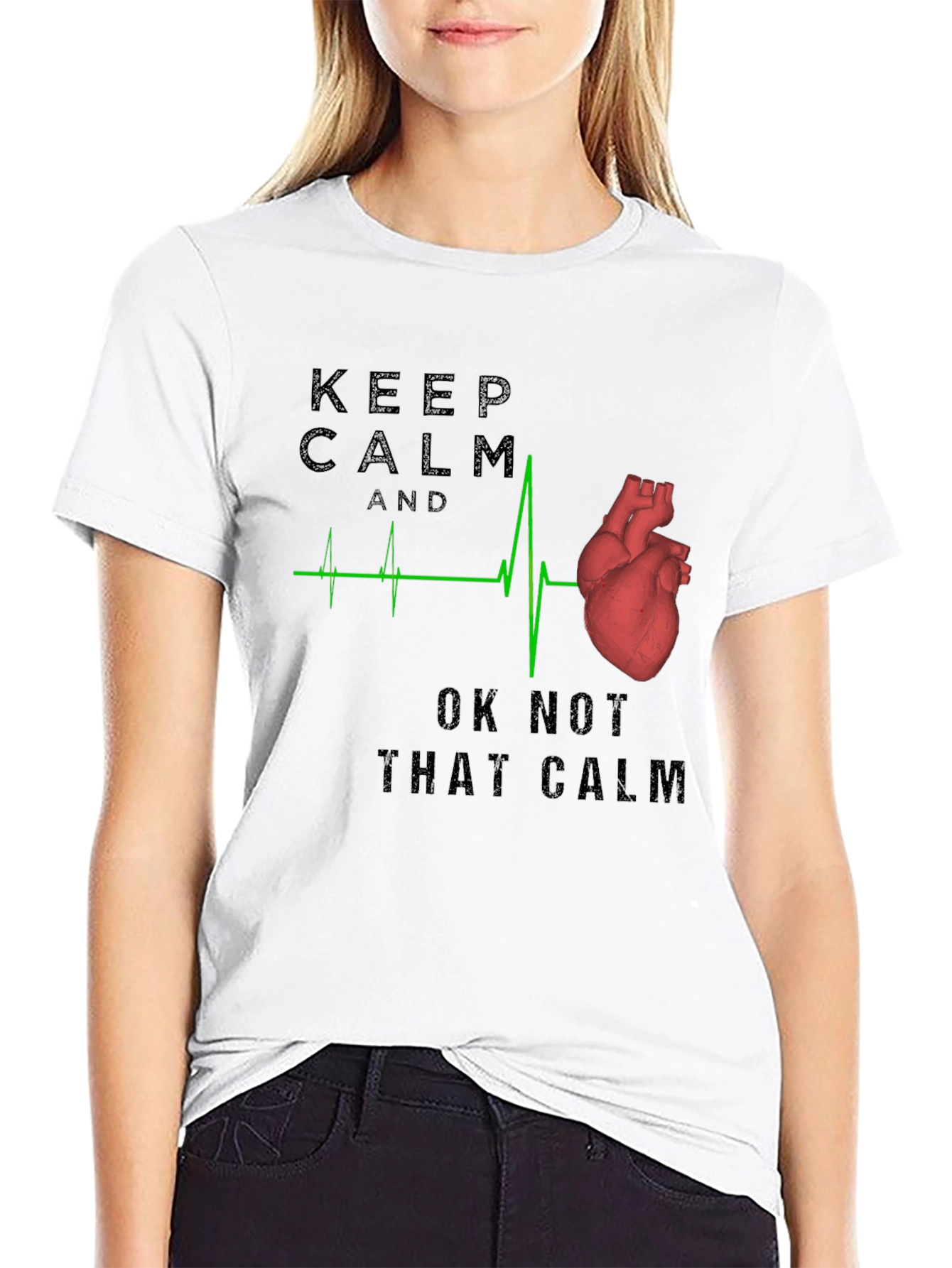 Black Keep Calm Anatomical Heartbeat T-Shirt view 9