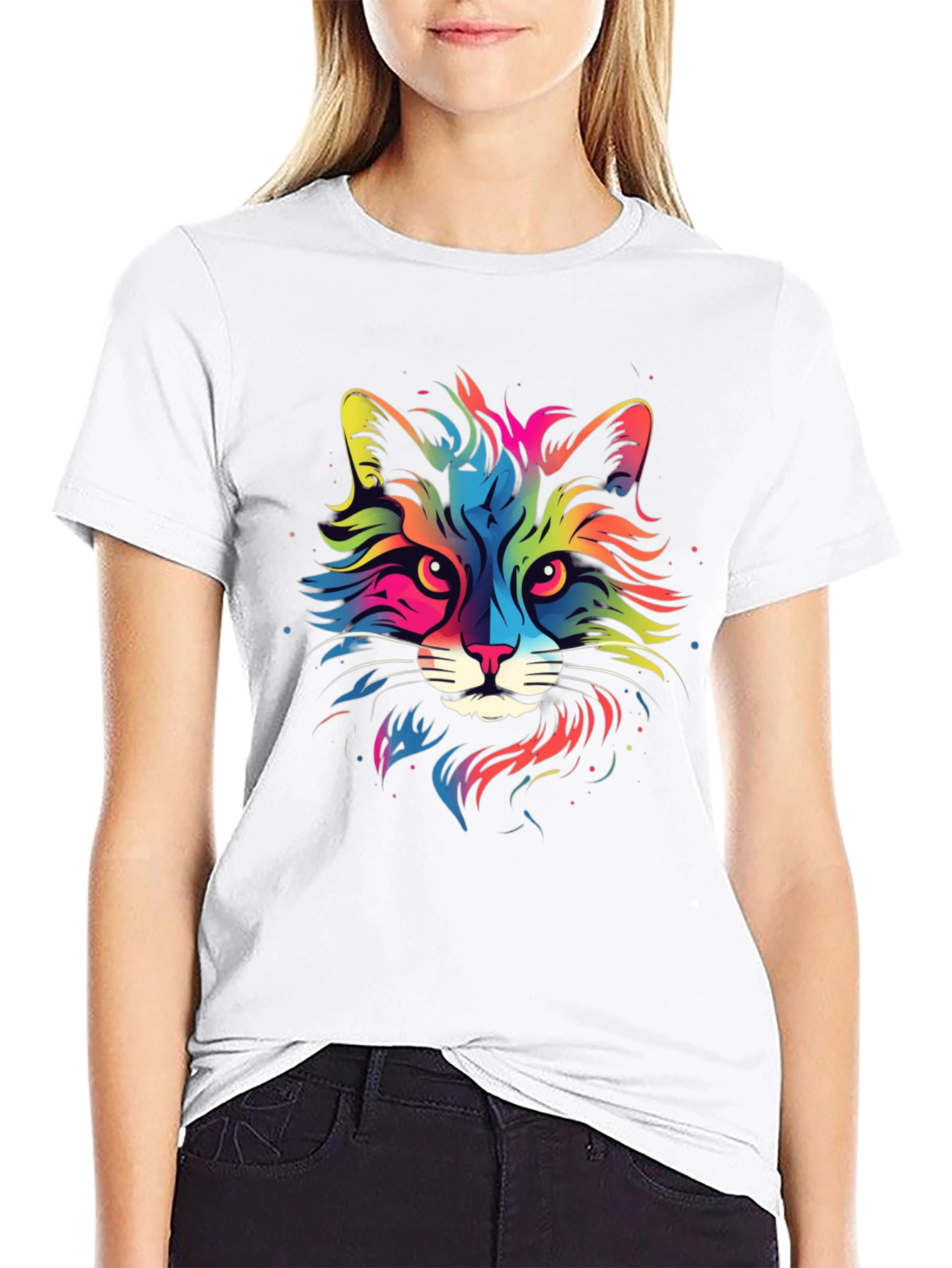 Black Colorful Cat Graphic Black T-Shirt view 9