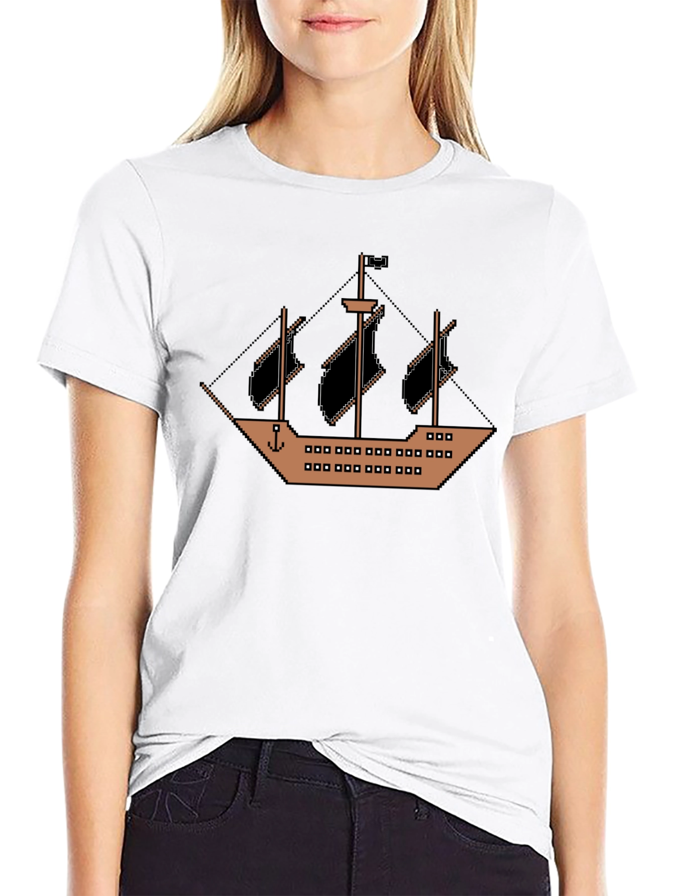 Black Pixel Pirate Ship Black T-Shirt view 9