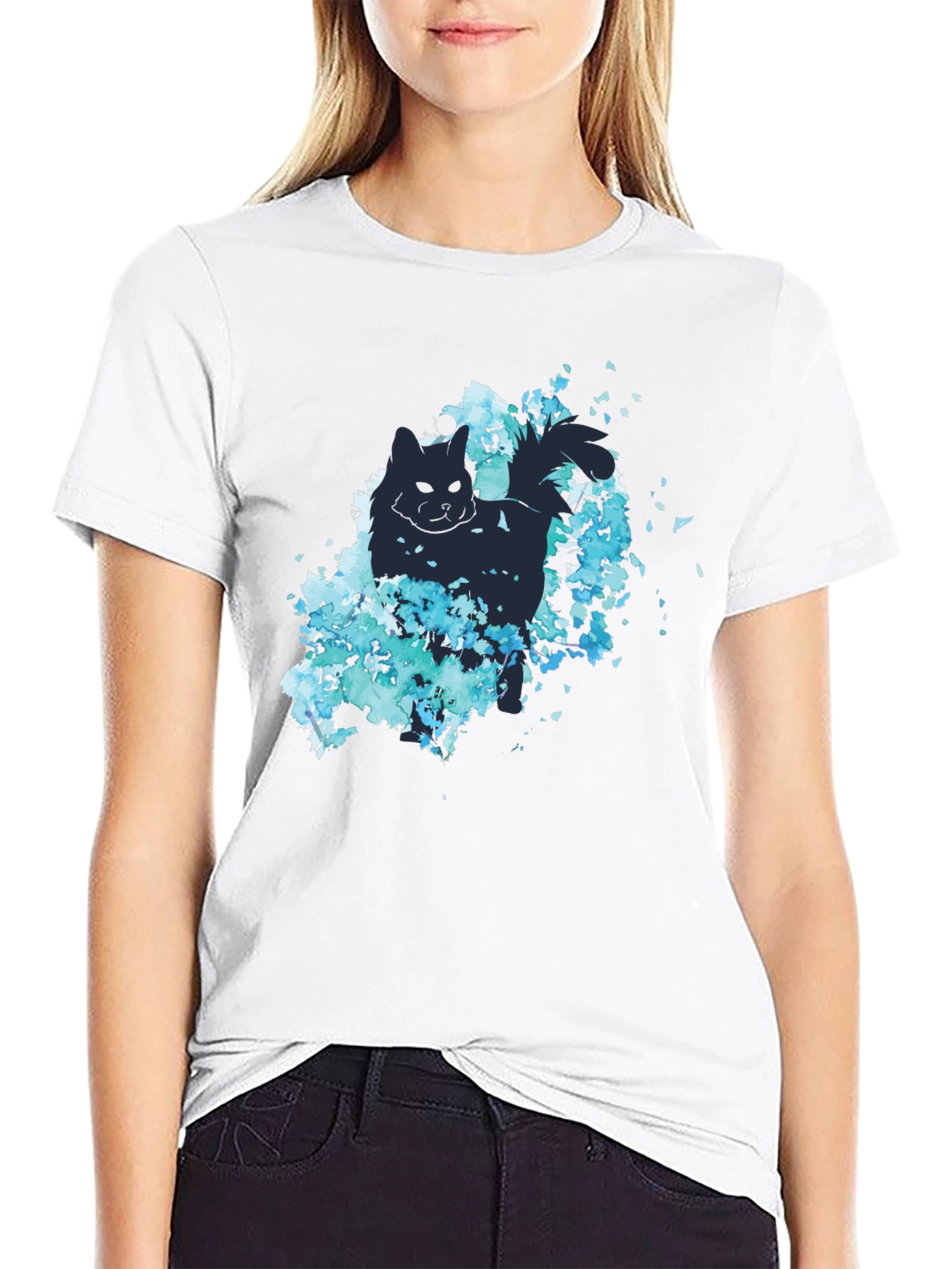 Black Cat Silhouette Floral Graphic Tee - Black view 9