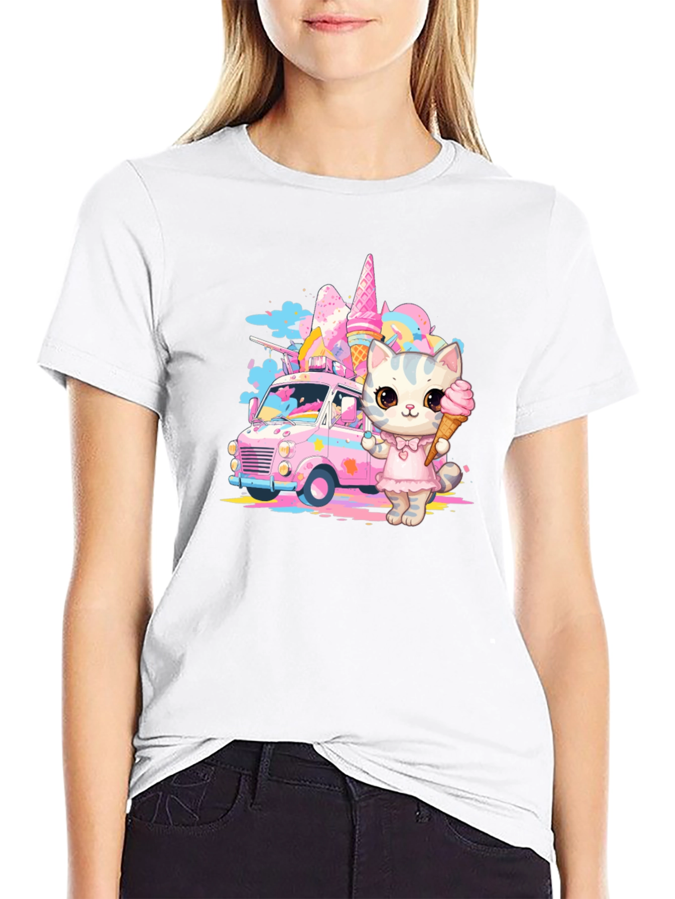 Black Cute Cat Ice Cream Truck Graphic T-Shirt view 9