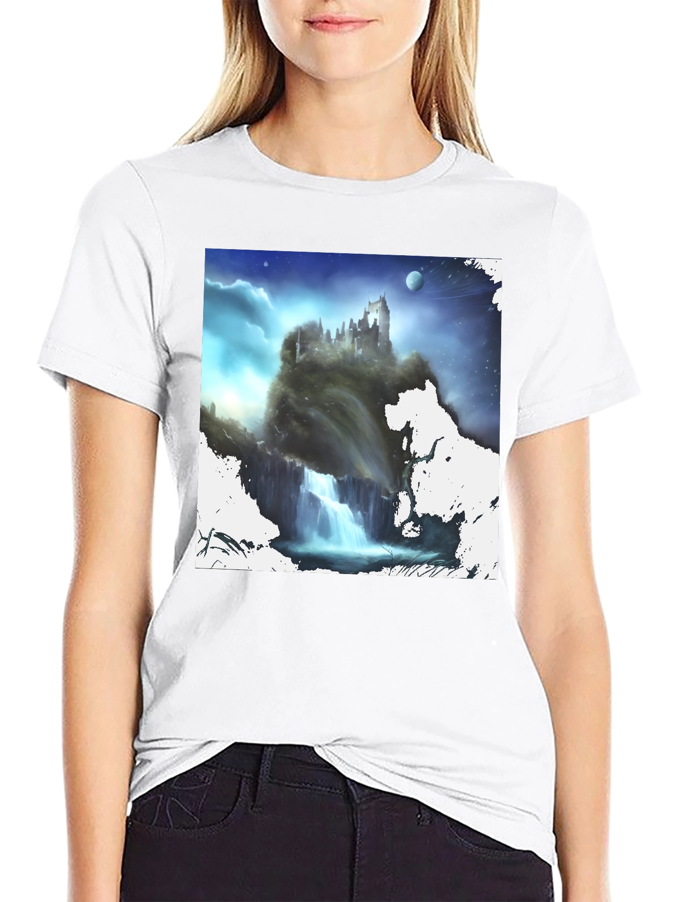 Black Fantasy Castle Waterfall Graphic Black T-Shirt view 9