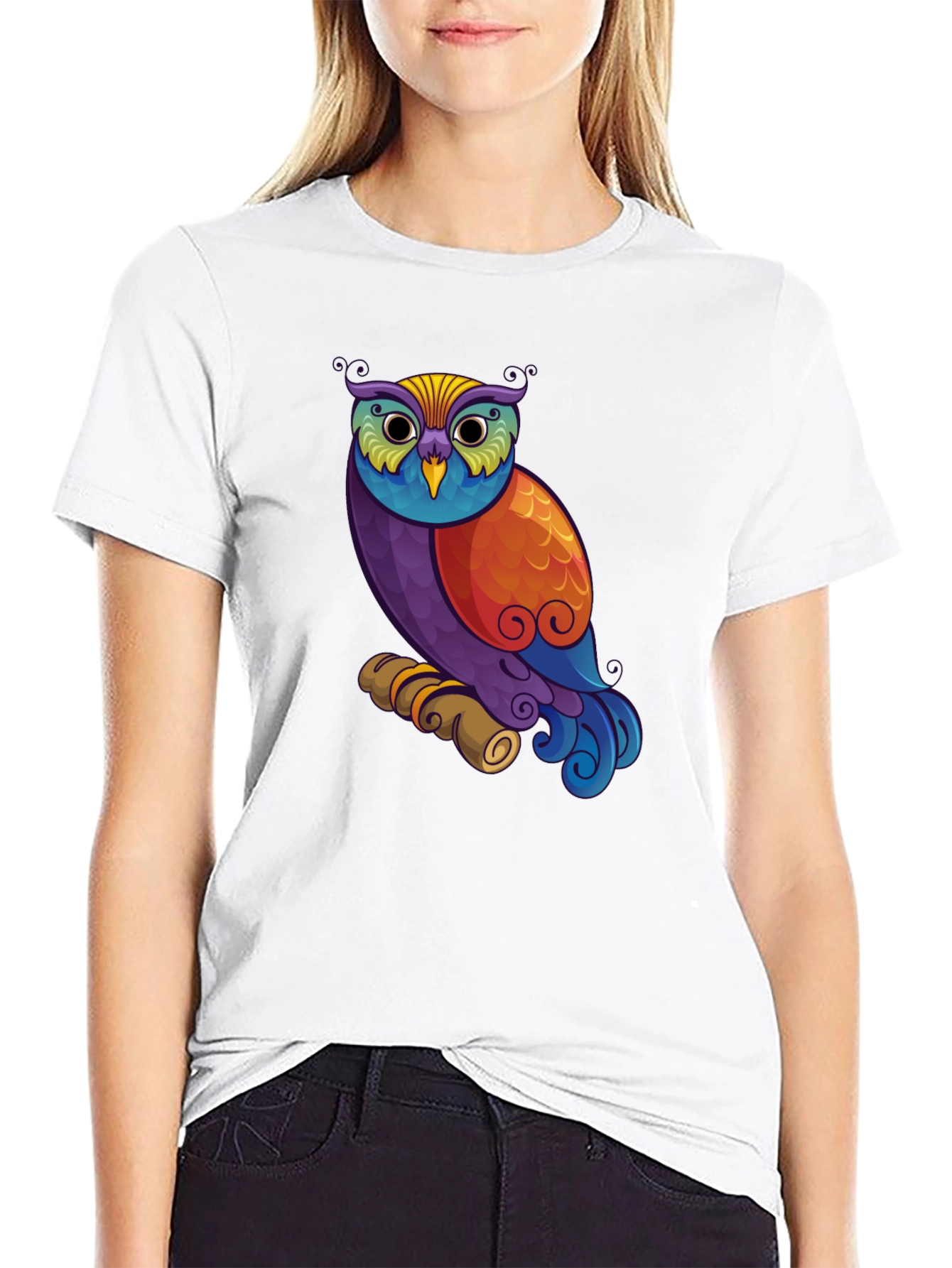 Black Colorful Owl Graphic Print Black T-Shirt view 9
