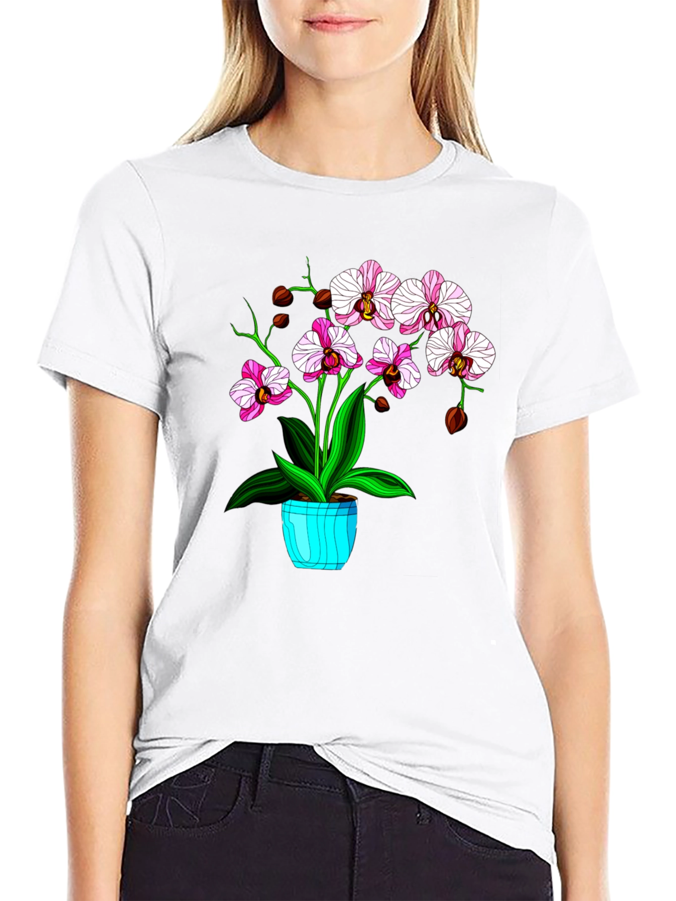 Black Floral T-Shirt with Orchid Plant Graphic view 9