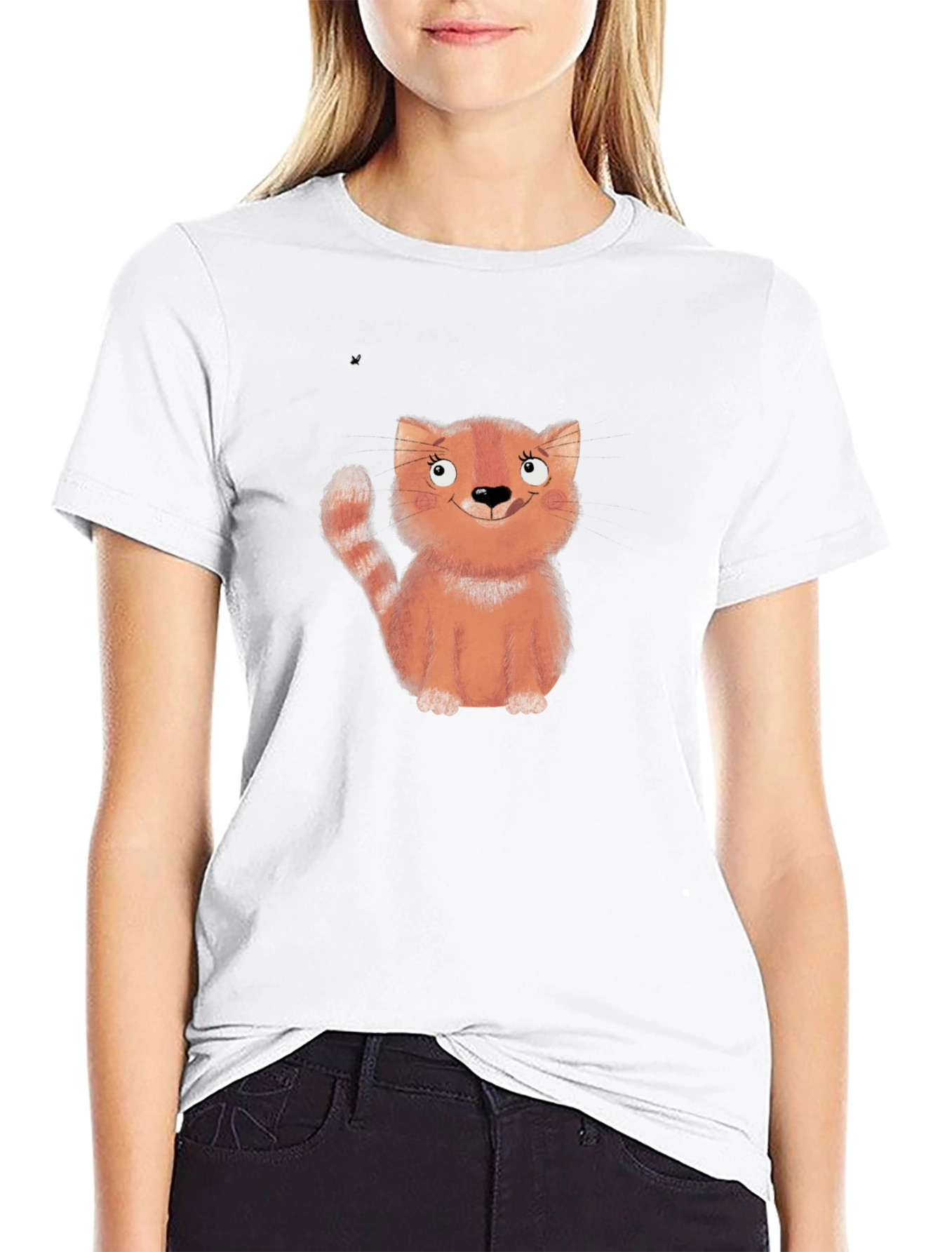 Black Cute Cartoon Cat Black T-Shirt view 9