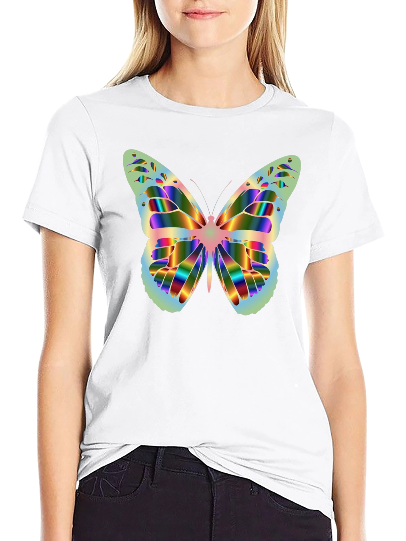 Black Butterfly Graphic Tee - Rainbow Prism Design view 9