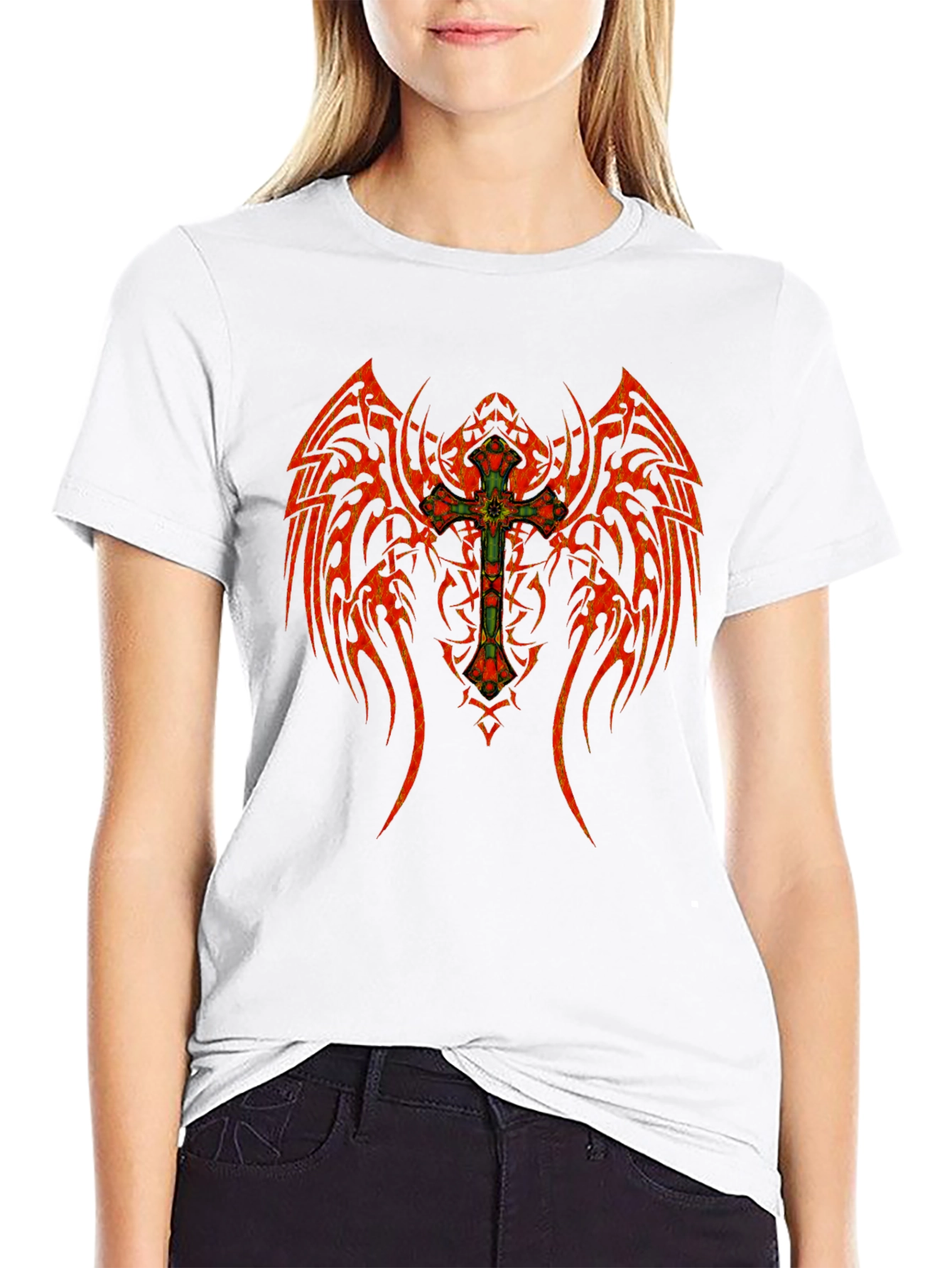 Black Tribal Winged Cross Graphic T-Shirt view 9