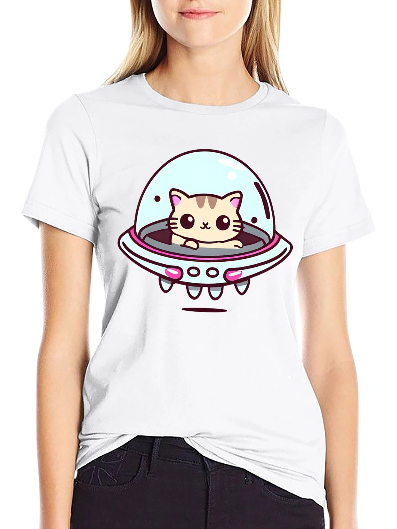 Black Cute Cat UFO Graphic T-Shirt - Black Cotton Tee view 9