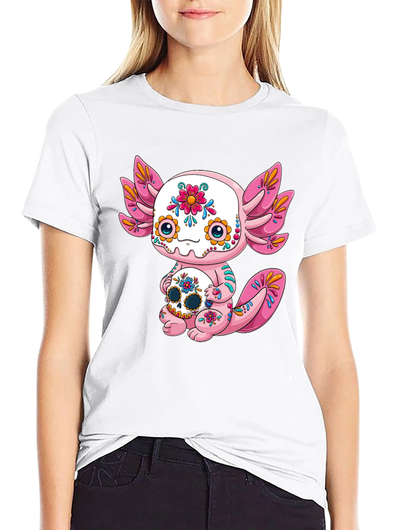 Black Axolotl Sugar Skull Graphic Tee view 9