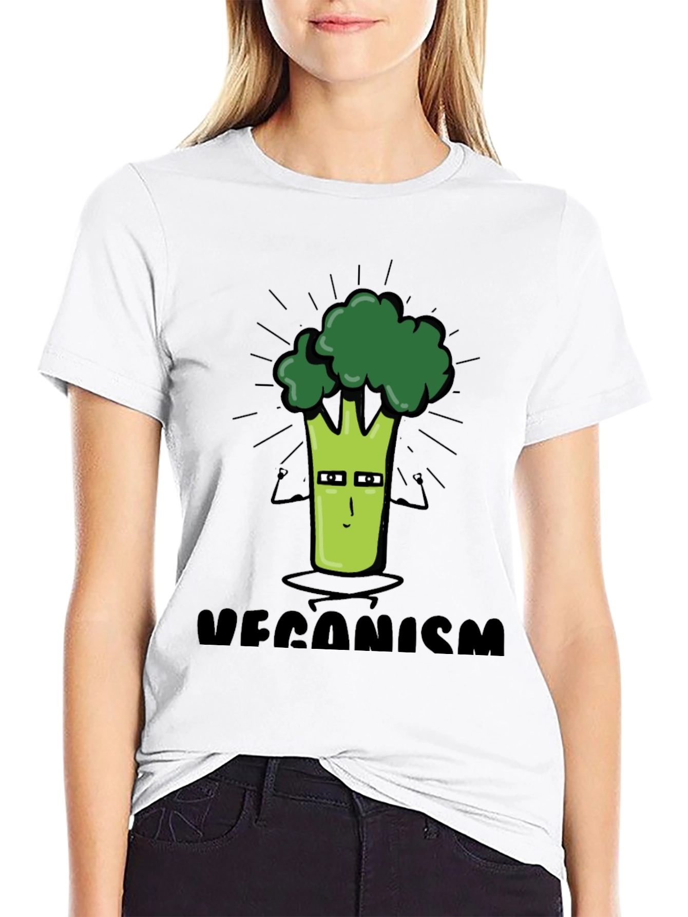 Black Veganism Cartoon Broccoli Black T-Shirt view 9