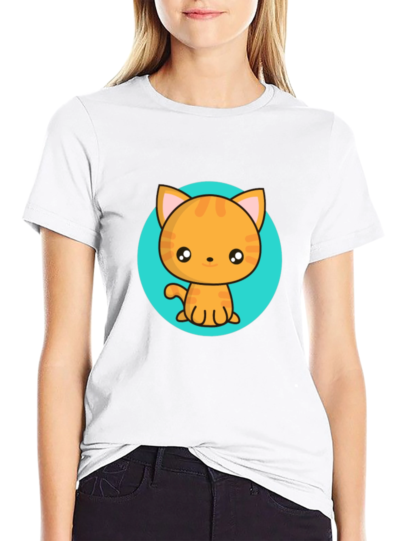Black Cute Cartoon Cat T-Shirt - Black Crew Neck Tee view 9
