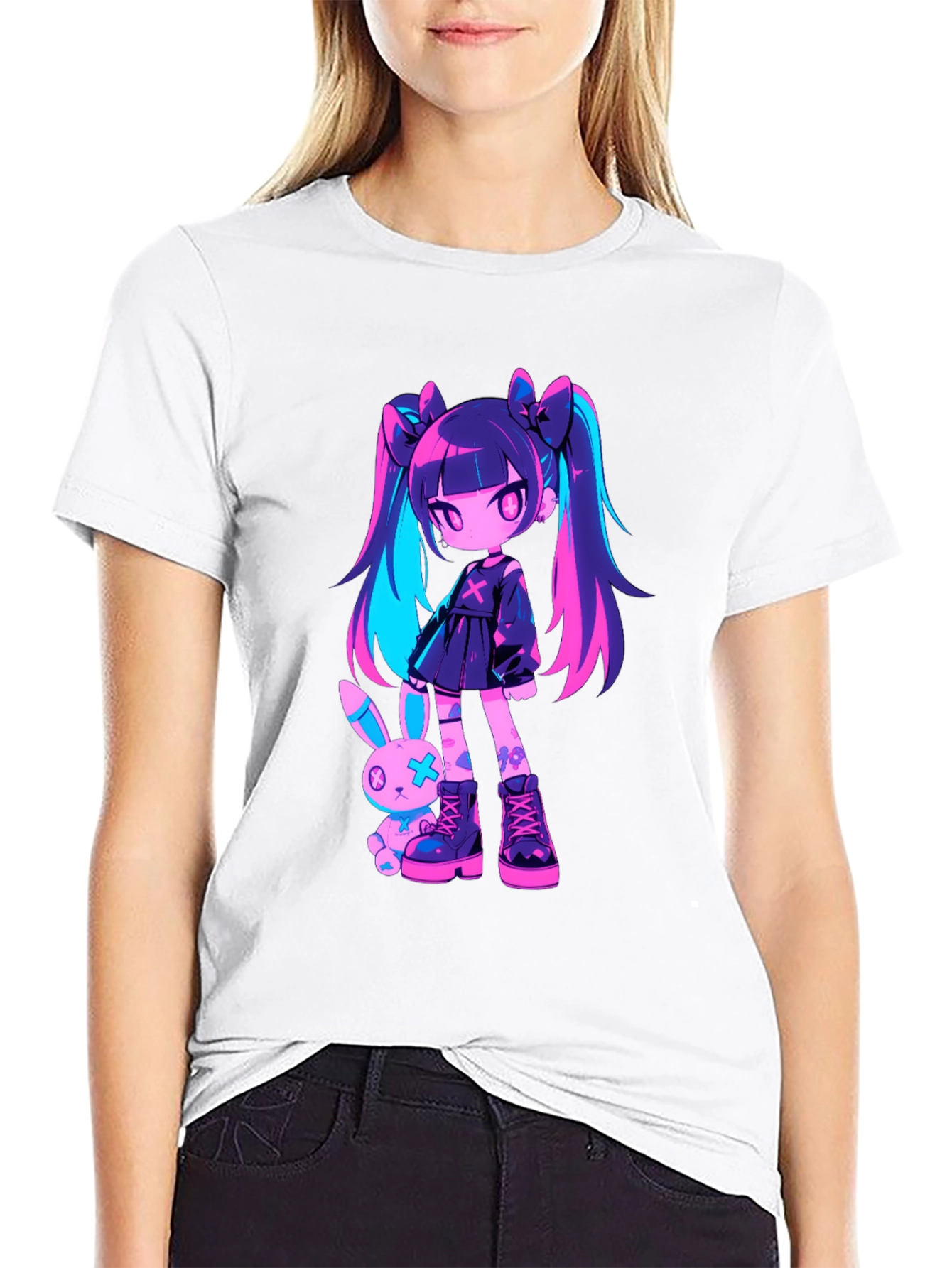 Black Anime Girl & Bunny Black T-Shirt view 9