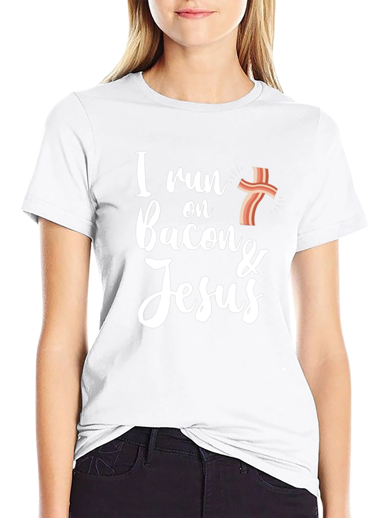 Black I Run on Bacon & Jesus Black Graphic T-Shirt view 9